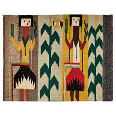 Tappeto vintage Navajo Yei Pictorial in Avorio, Rosso, Giallo, Verde e Marrone