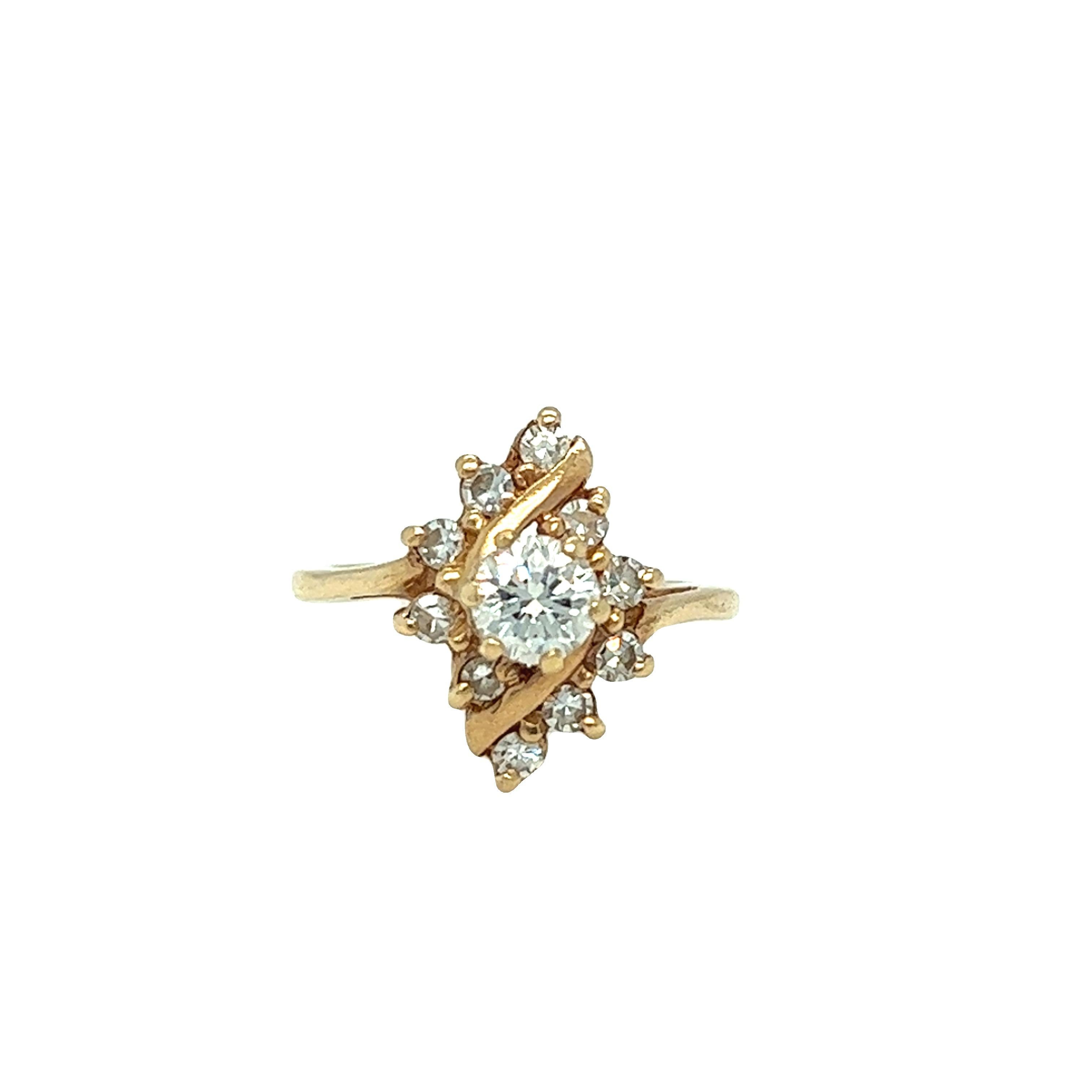 Vintage Navette Bypass Diamond Ring 14K Yellow Gold For Sale 2