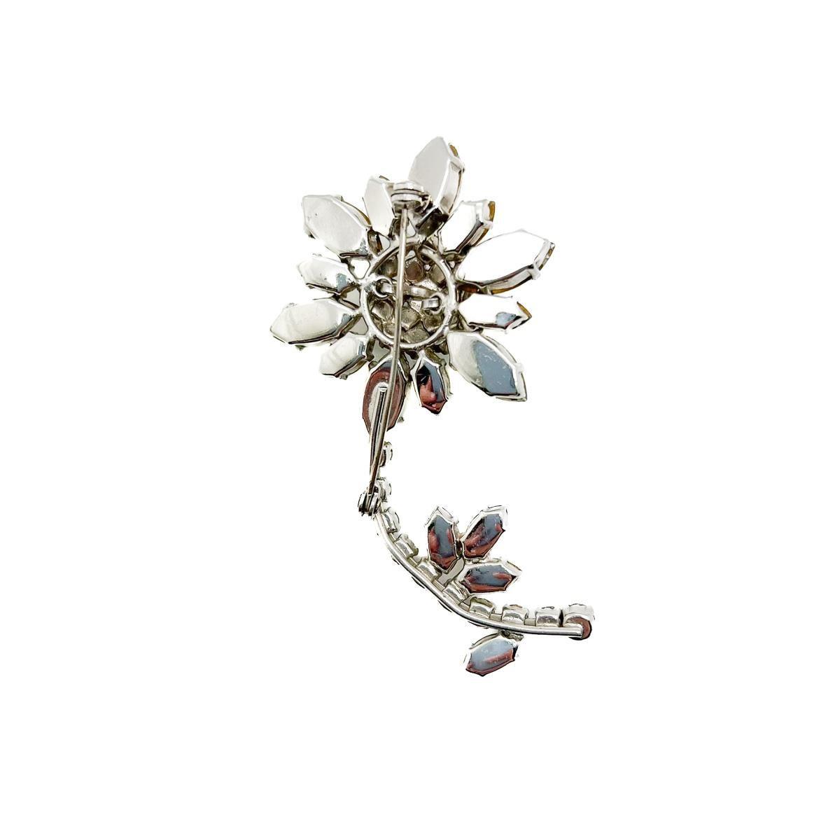 Vintage Navette Crystal Stemmed Flower Brooch 1950s For Sale 1