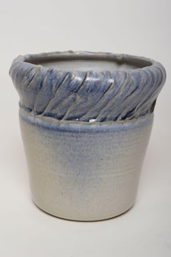 Vintage Navy and Pale Blue Incised Studio Ceramic Planter by Deanna Nichols