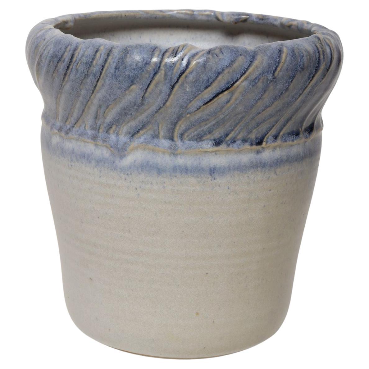 Vintage Navy and Pale Blue Incised Studio Ceramic Planter by Deanna Nichols