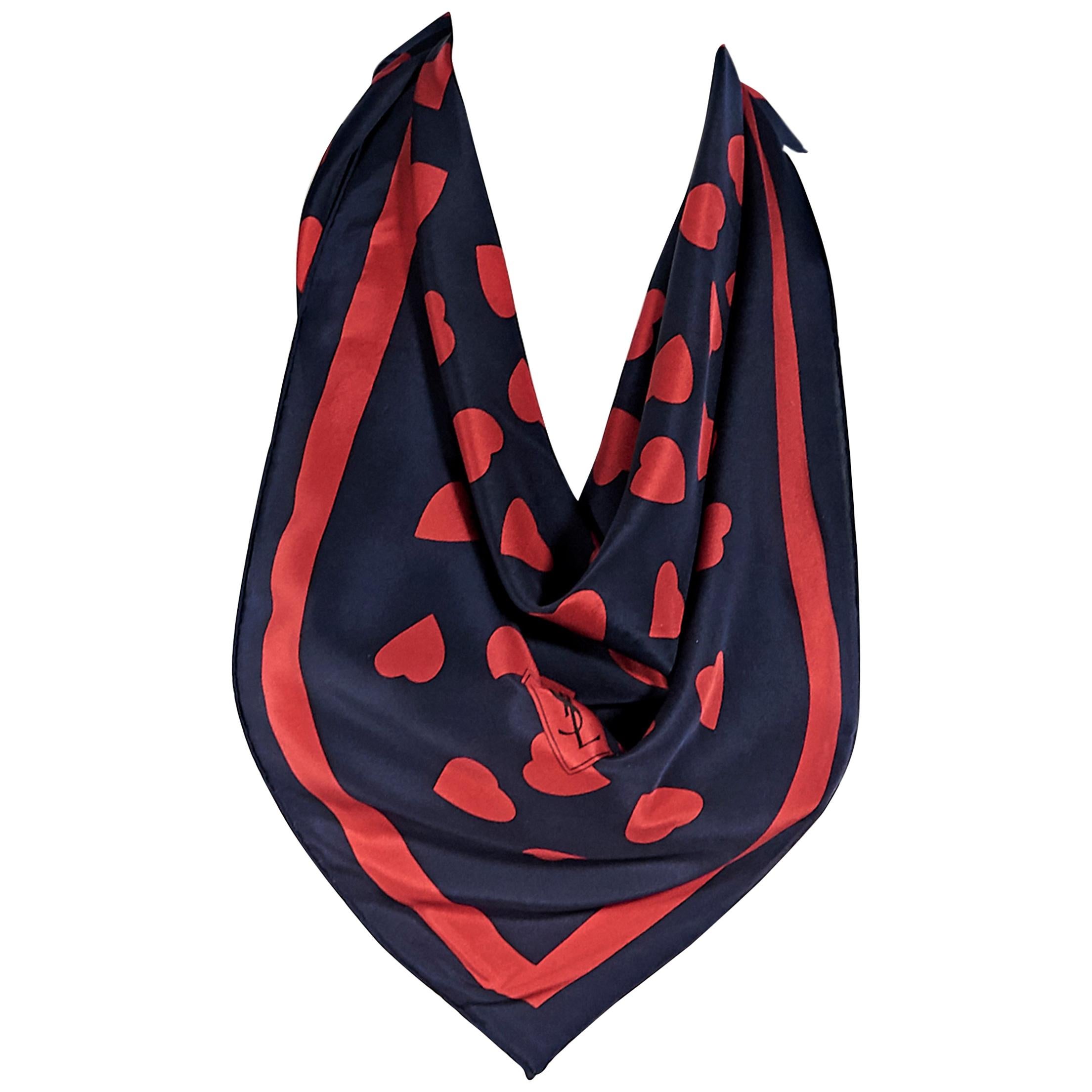 Yves Saint Laurent Navy And Red Silk Heart Printed Scarf