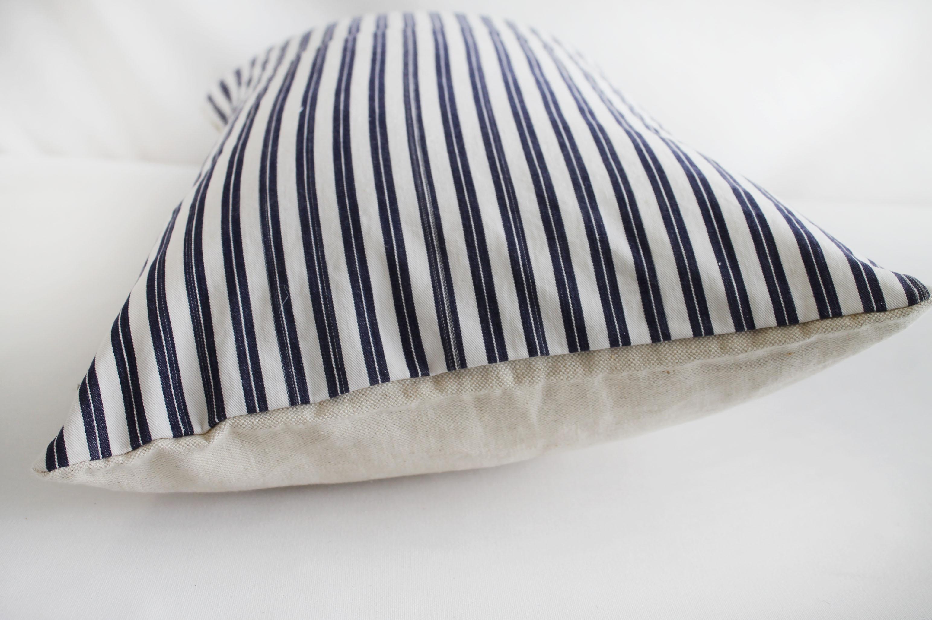 European Vintage Navy Blue and White French Ticking Stripe Lumbar Pillow