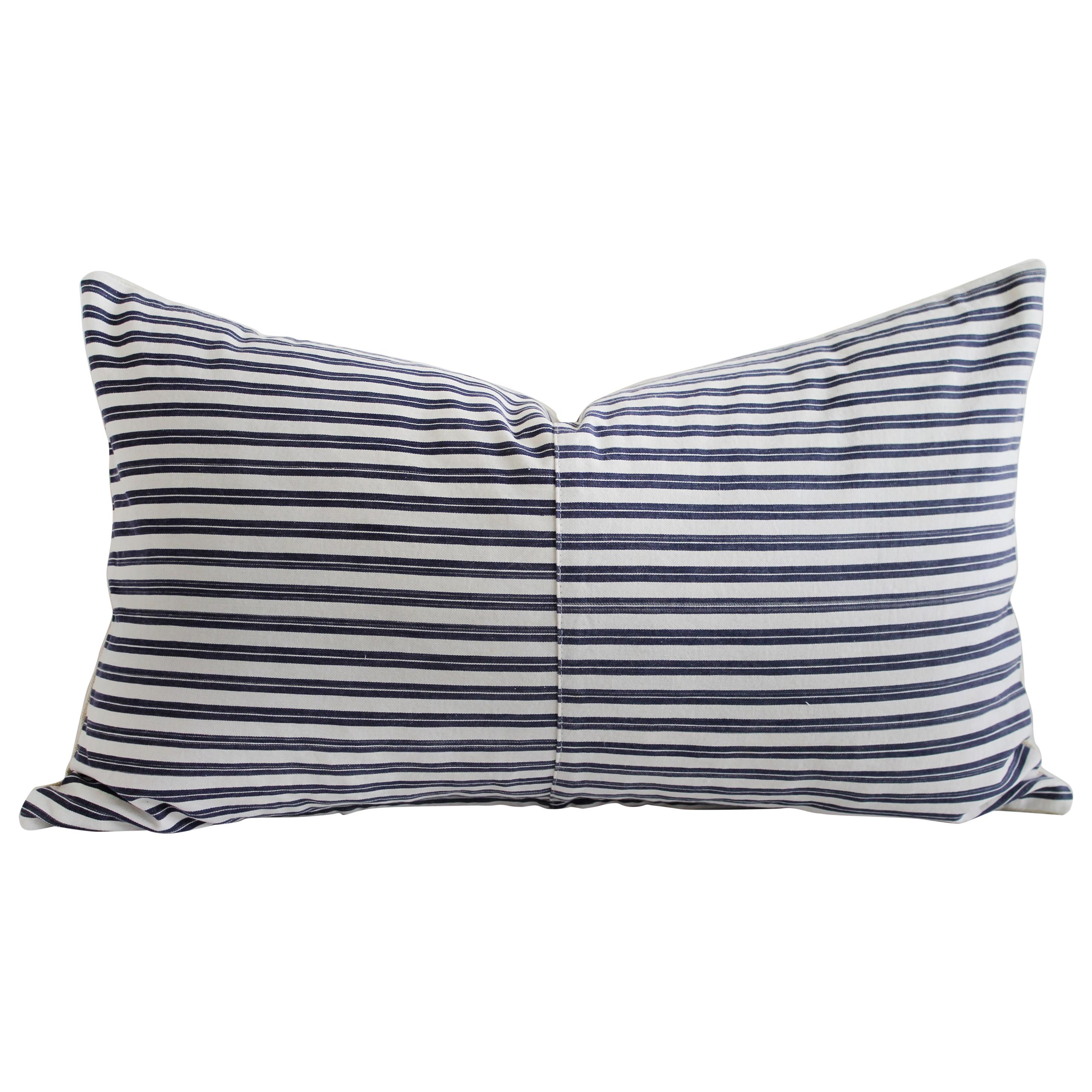 Vintage Navy Blue and White French Ticking Stripe Lumbar Pillow