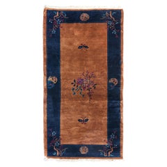 Vintage Navy Blue Border and Gold Art Deco Chinese Area Rug, circa 1930s