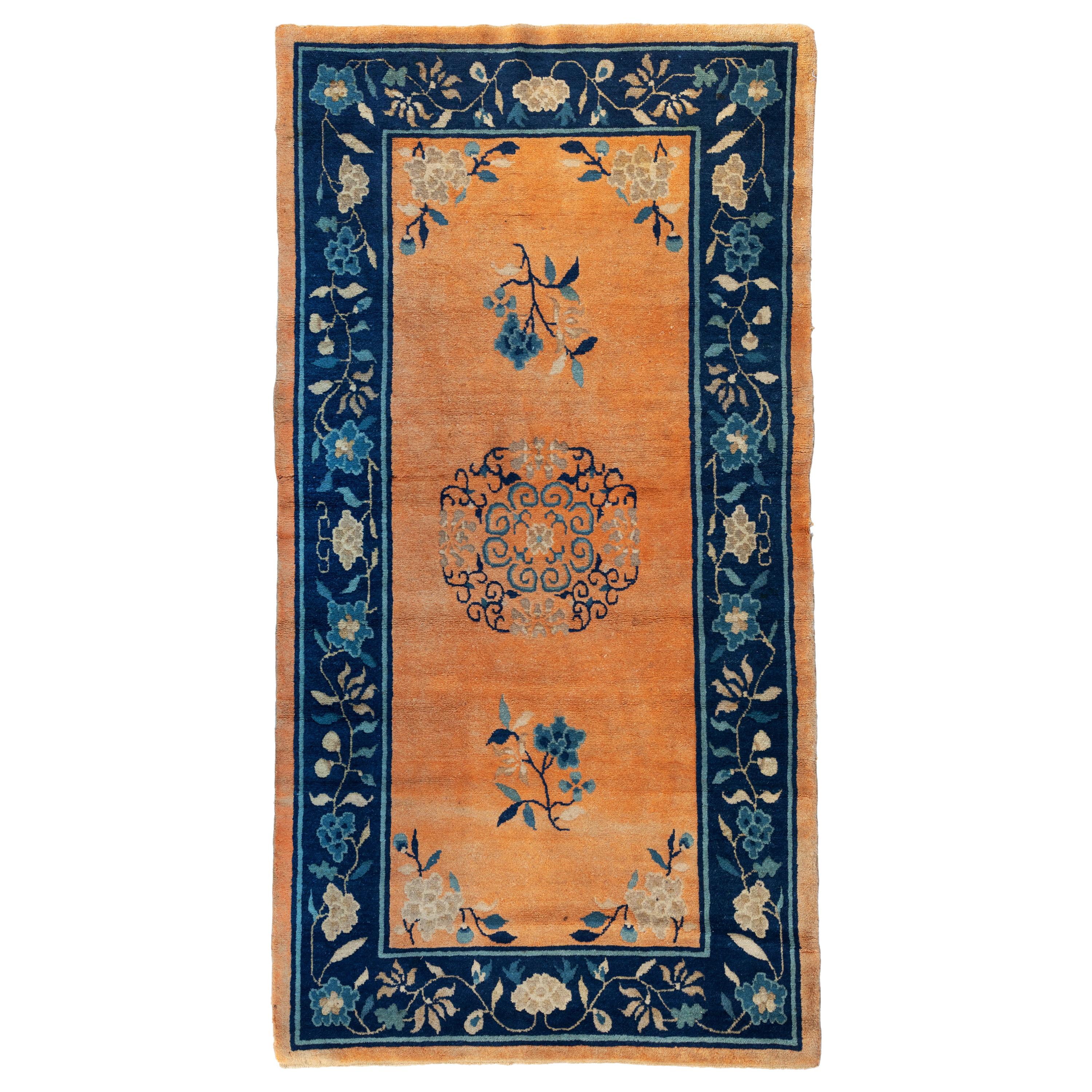 Vintage Navy Blue Border and Gold Chinese Area Rug, circa 1900-1910 For Sale