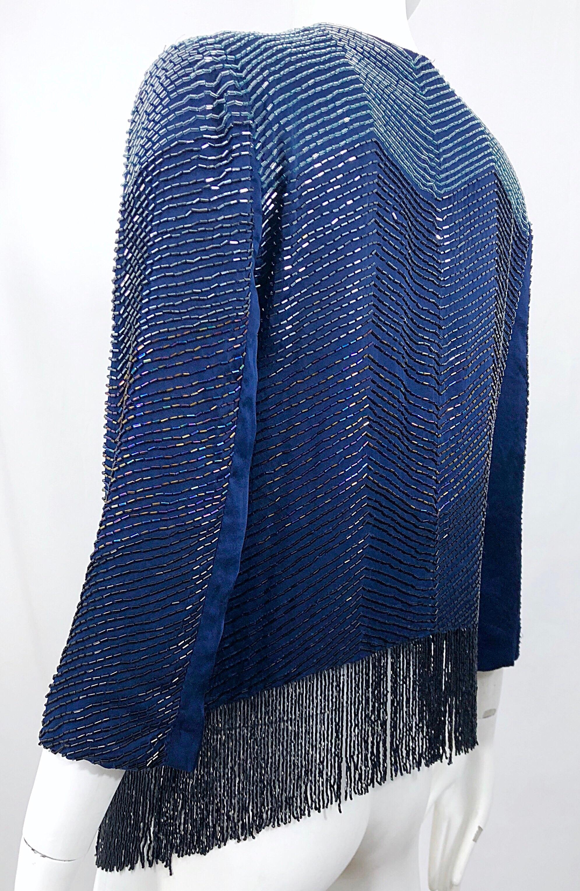 Vintage Navy Blue Fully Beaded Iridescent Fringed Silk 3/4 Sleeve Cardigan Top  For Sale 3