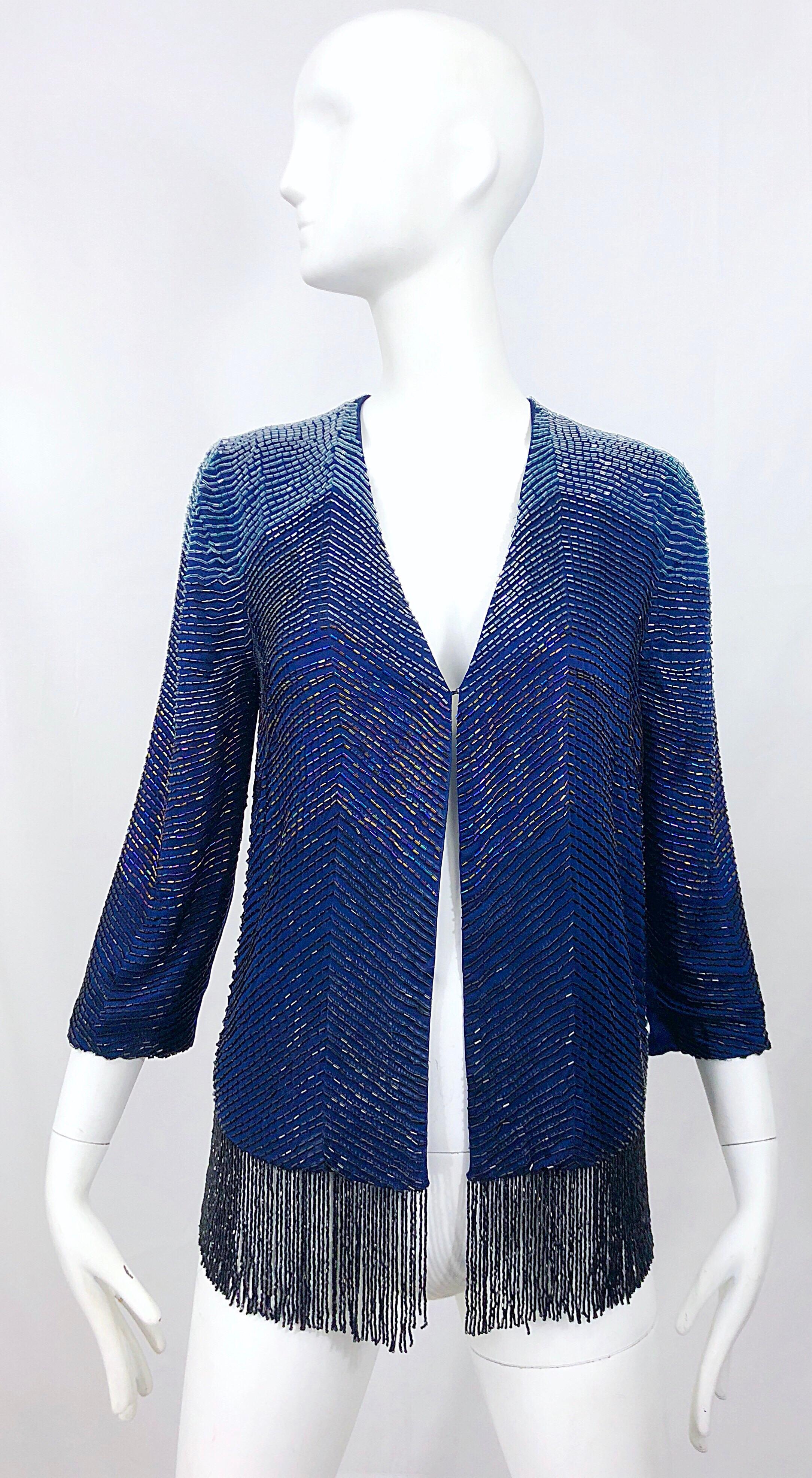 Vintage Navy Blue Fully Beaded Iridescent Fringed Silk 3/4 Sleeve Cardigan Top  For Sale 4