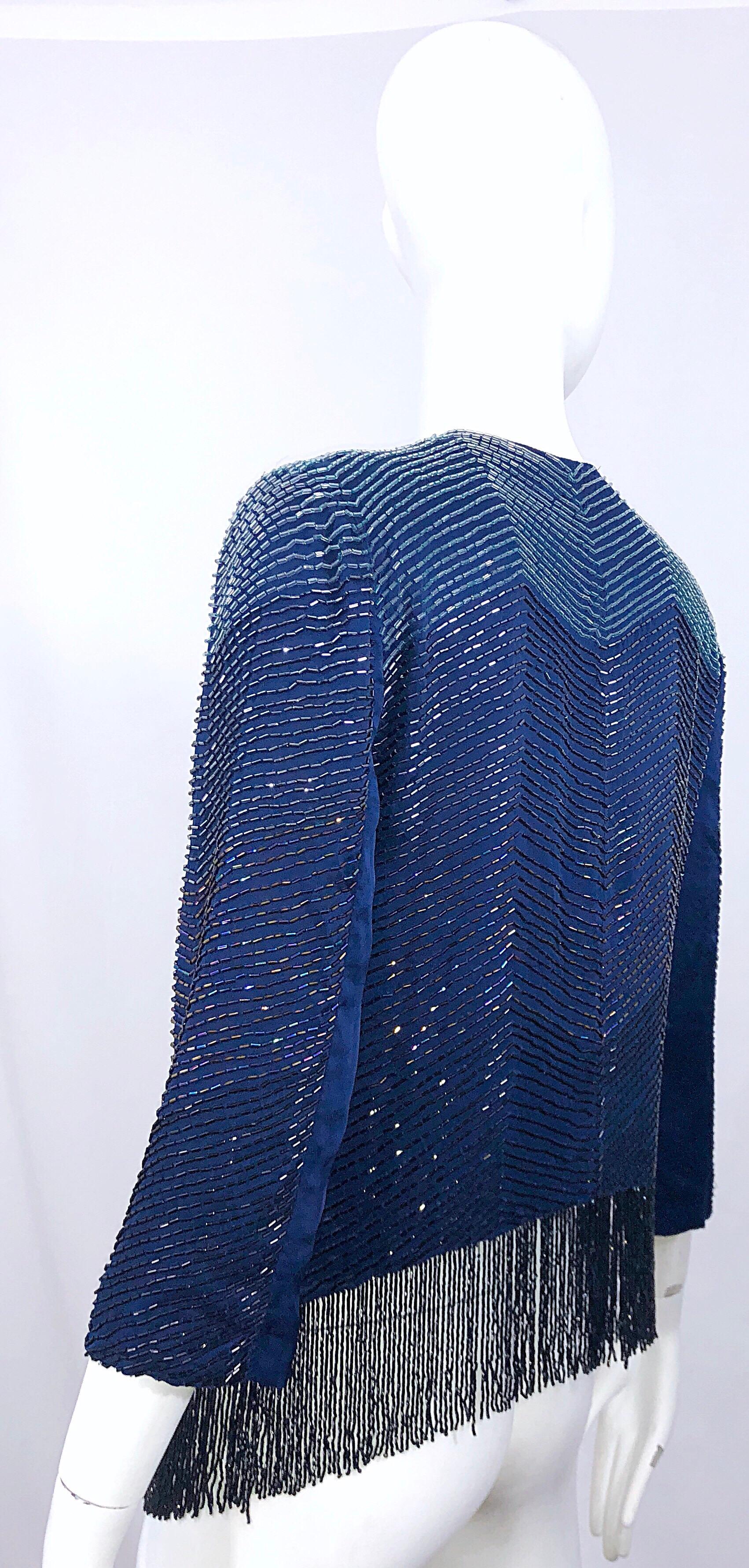 Vintage Navy Blue Fully Beaded Iridescent Fringed Silk 3/4 Sleeve Cardigan Top  For Sale 5