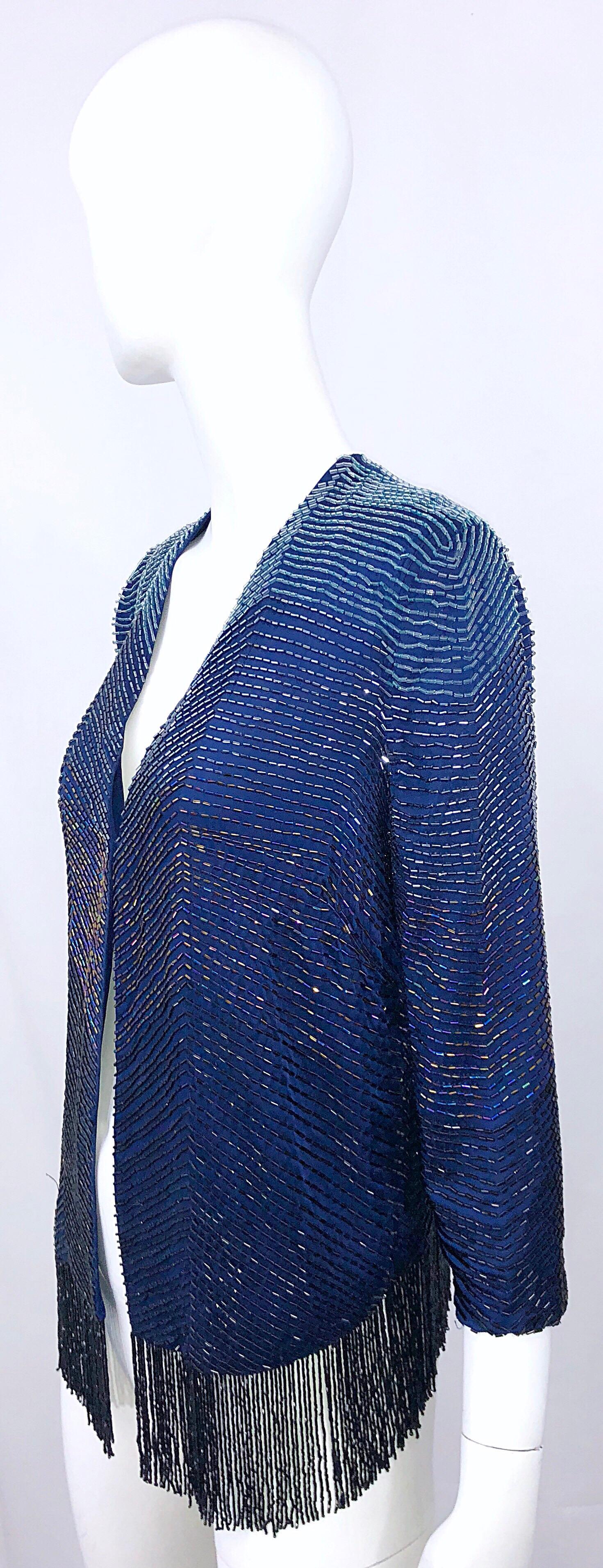 Vintage Navy Blue Fully Beaded Iridescent Fringed Silk 3/4 Sleeve Cardigan Top  For Sale 6