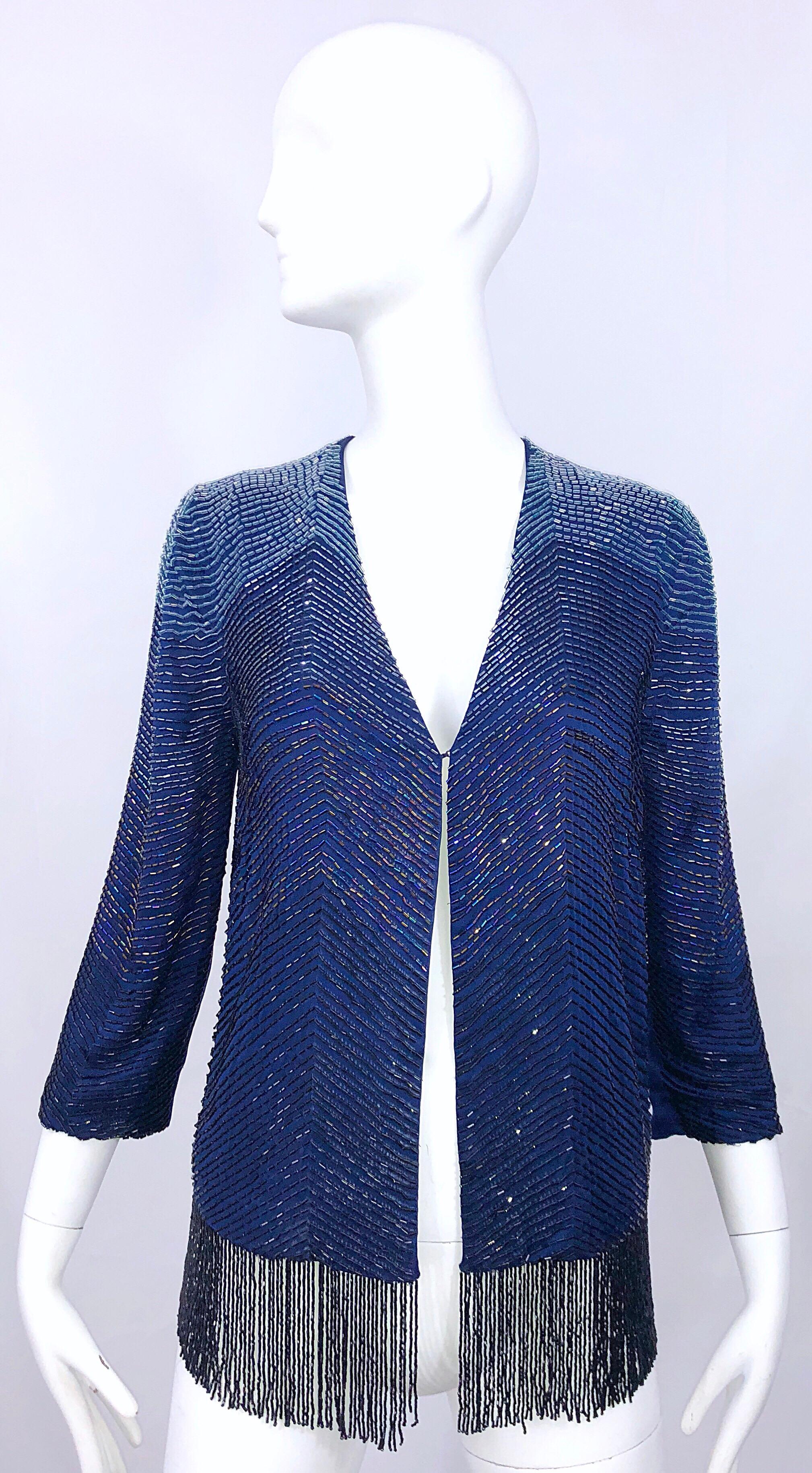Vintage Navy Blue Fully Beaded Iridescent Fringed Silk 3/4 Sleeve Cardigan Top  For Sale 7