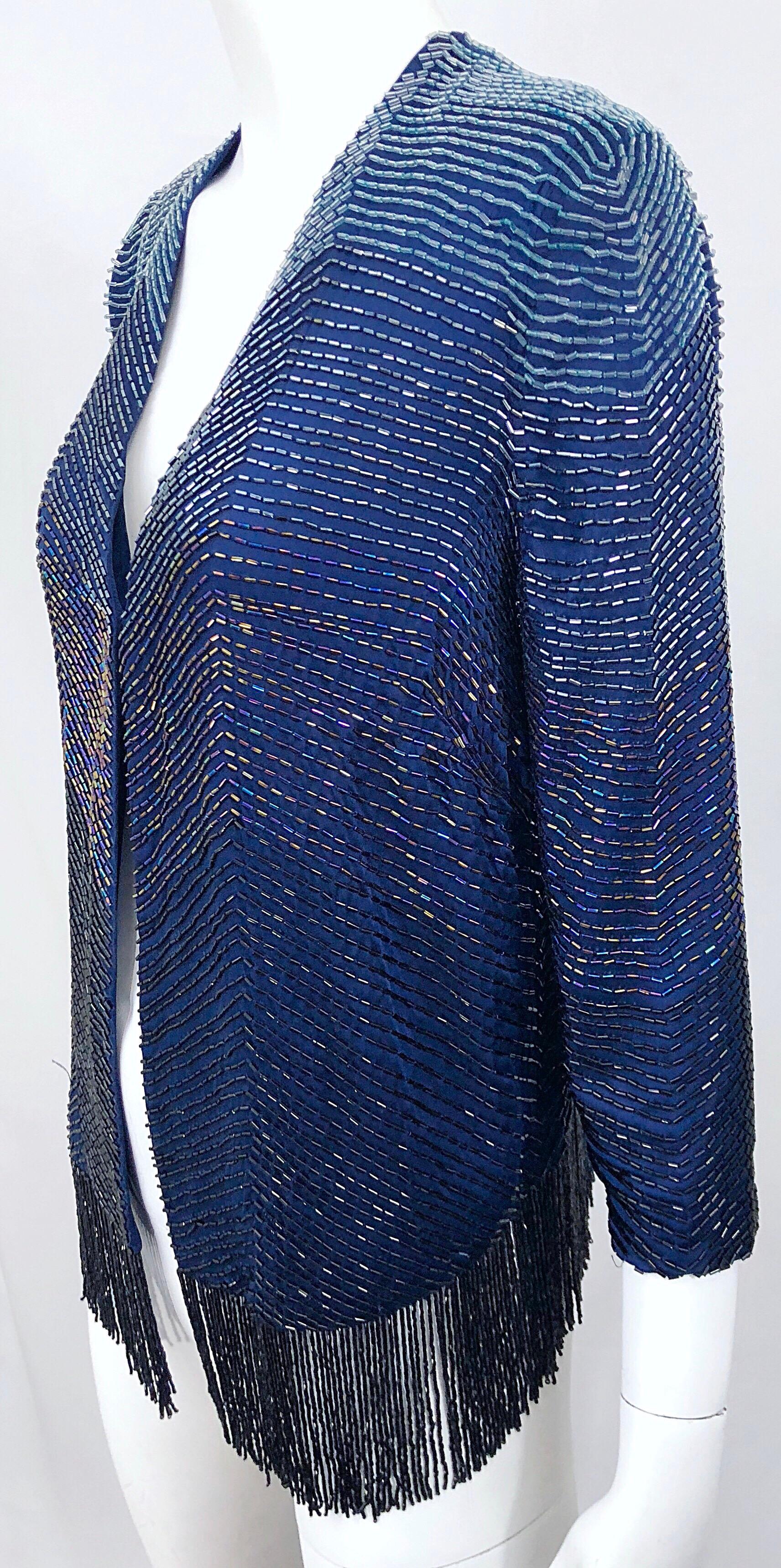 Vintage Navy Blue Fully Beaded Iridescent Fringed Silk 3/4 Sleeve Cardigan Top  In Excellent Condition For Sale In San Diego, CA