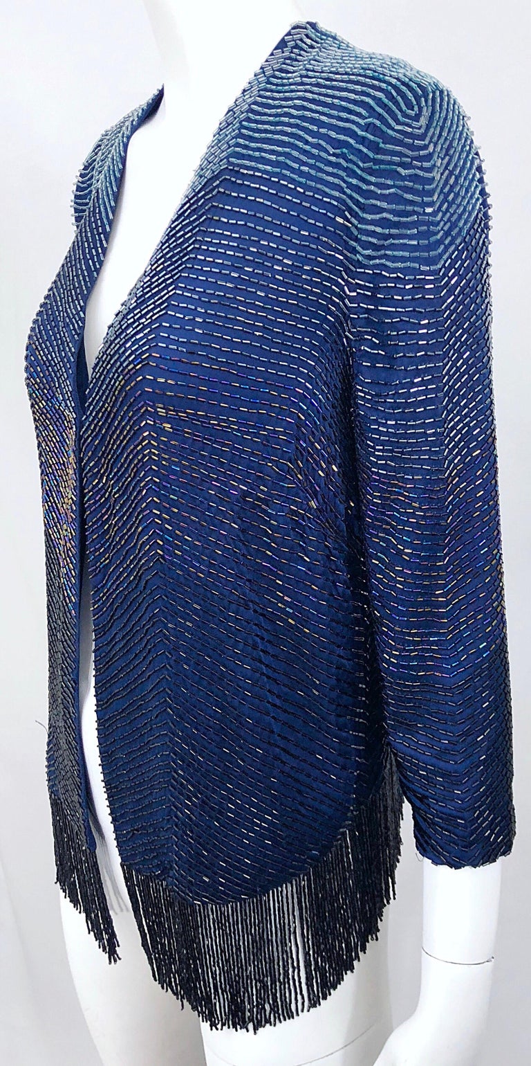 Vintage Navy Blue Fully Beaded Iridescent Fringed Silk 3/4 Sleeve ...