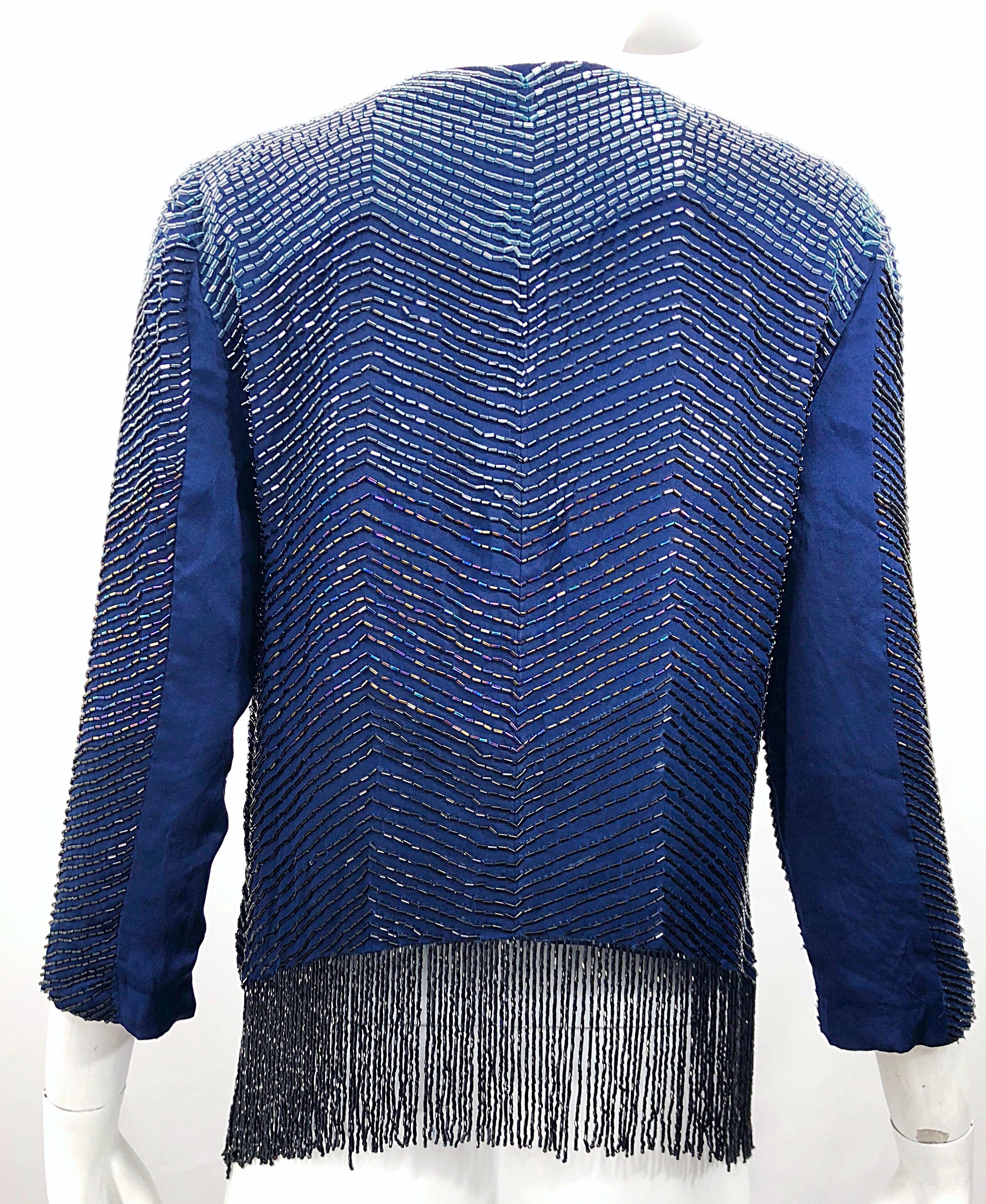 Women's Vintage Navy Blue Fully Beaded Iridescent Fringed Silk 3/4 Sleeve Cardigan Top  For Sale