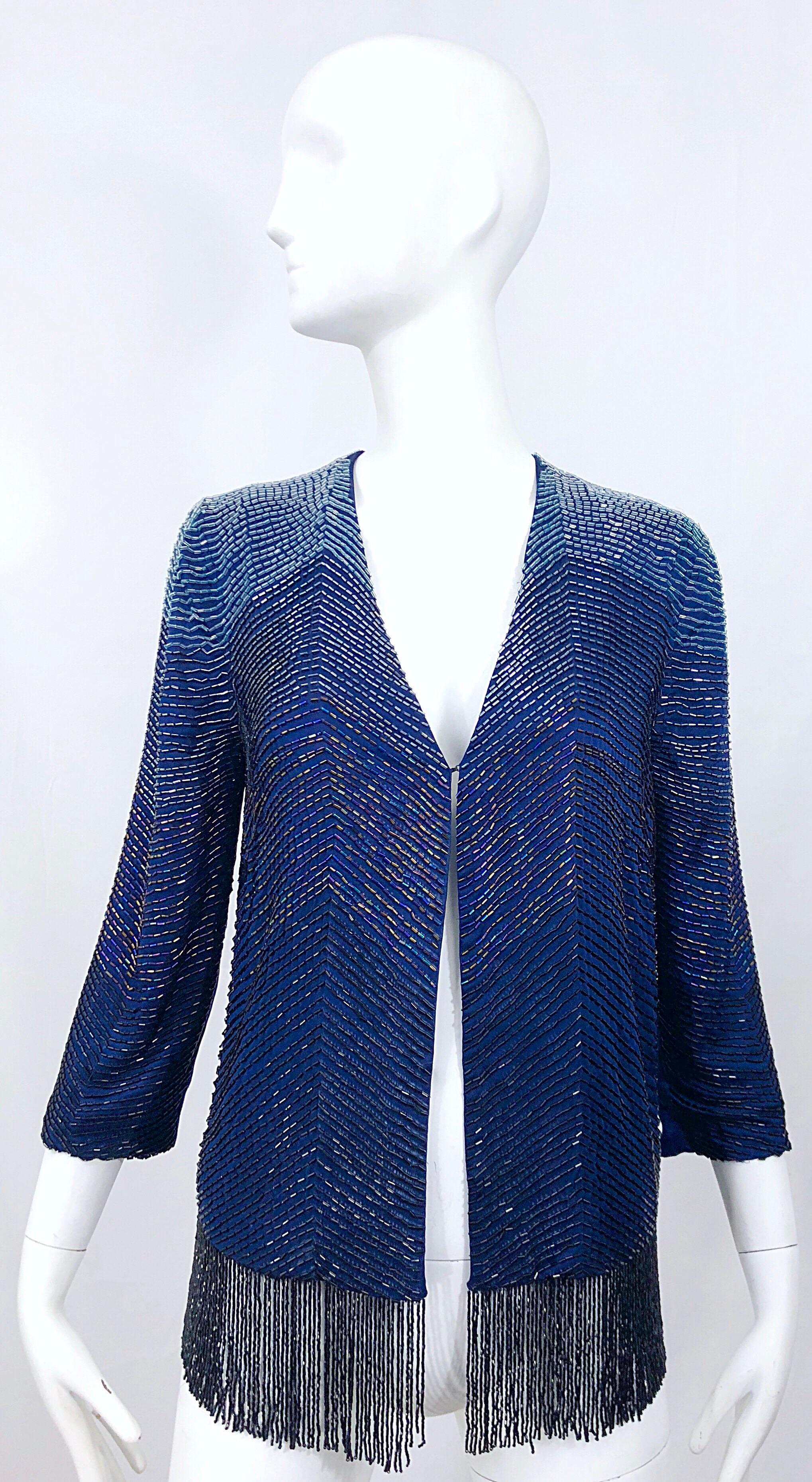 Vintage Navy Blue Fully Beaded Iridescent Fringed Silk 3/4 Sleeve Cardigan Top  For Sale 1