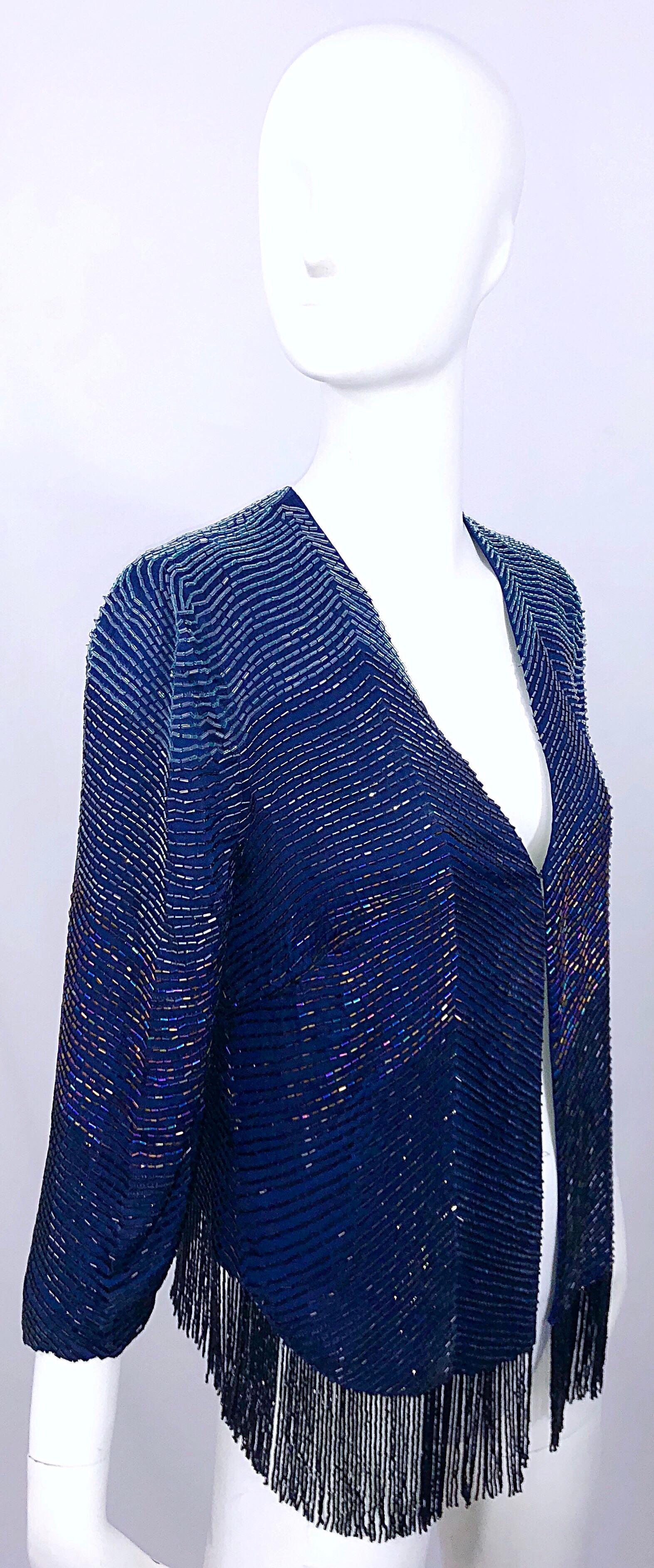 Vintage Navy Blue Fully Beaded Iridescent Fringed Silk 3/4 Sleeve Cardigan Top  For Sale 2