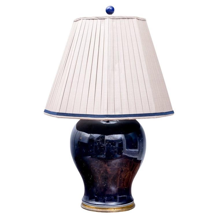 Vintage Navy Blue Glazed Porcelain Jar As A Table Lamp For Sale