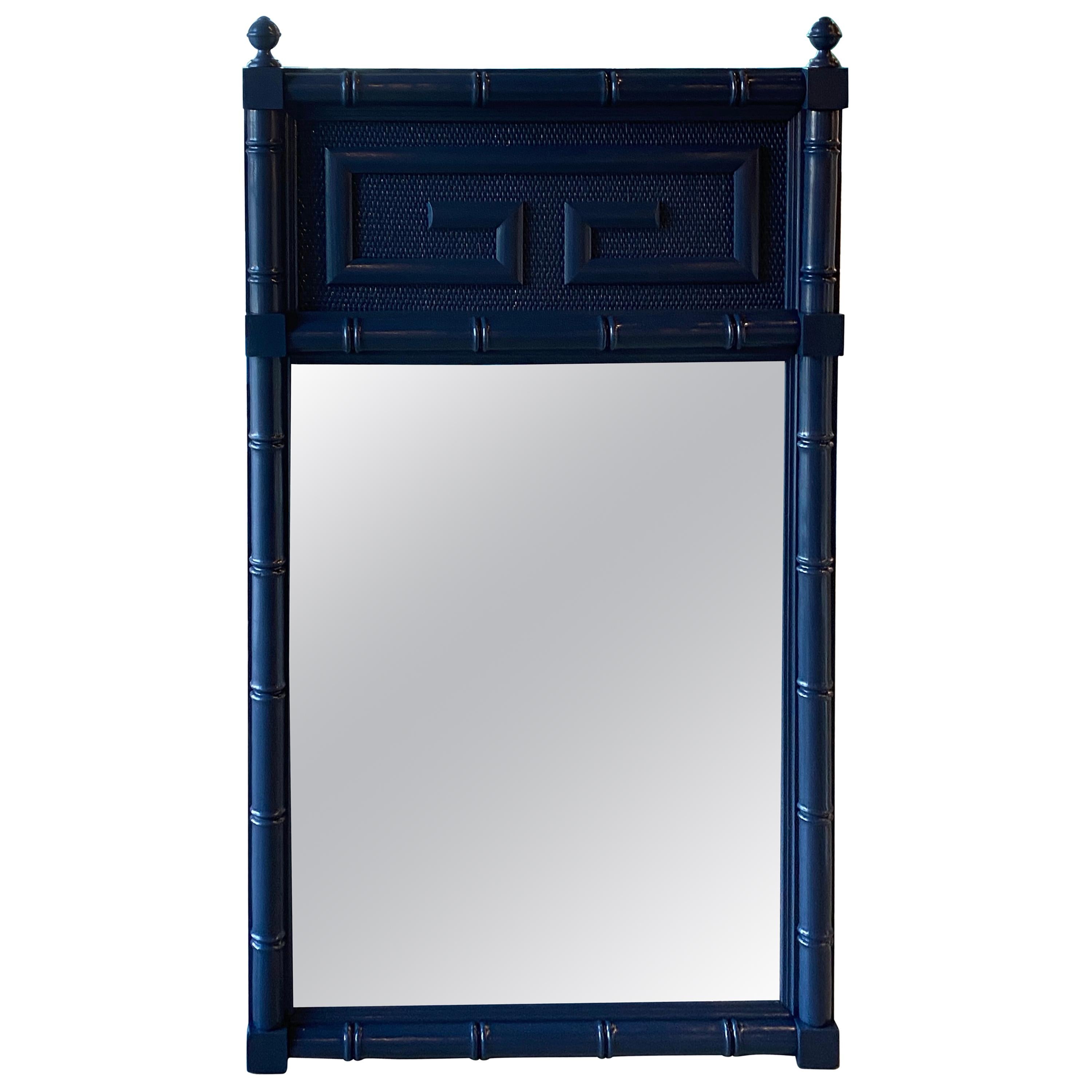 Vintage Navy Blue Lacquered Greek Key Faux Bamboo Wall Mirror at