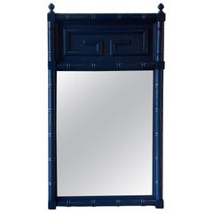 Vintage Navy Blue Lacquered Greek Key Faux Bamboo Wall Mirror