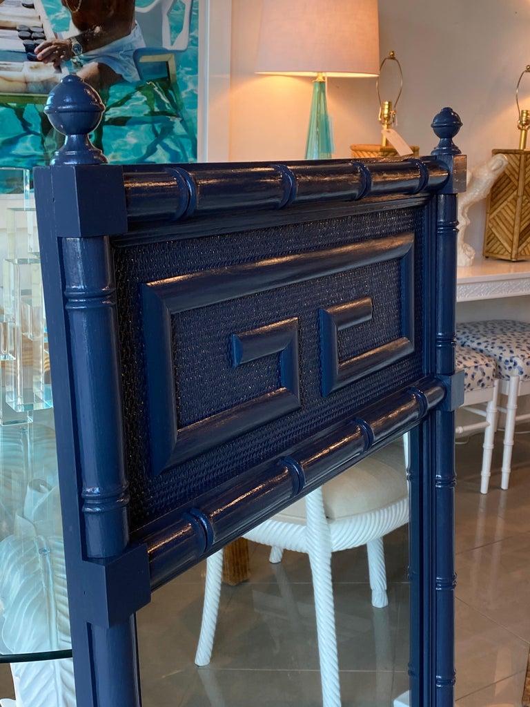 Late 20th Century Vintage Navy Blue Lacquered Greek Key Faux Bamboo Wall Mirror Two Available For Sale