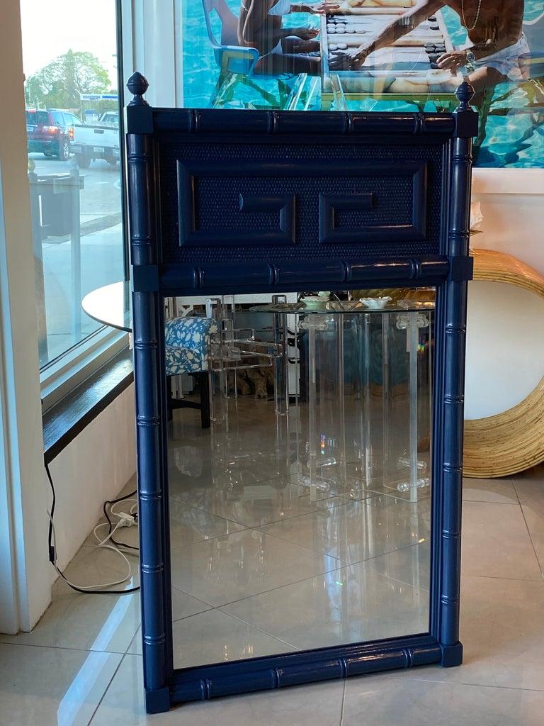 Vintage Navy Blue Lacquered Greek Key Faux Bamboo Wall Mirror Two Available For Sale 1