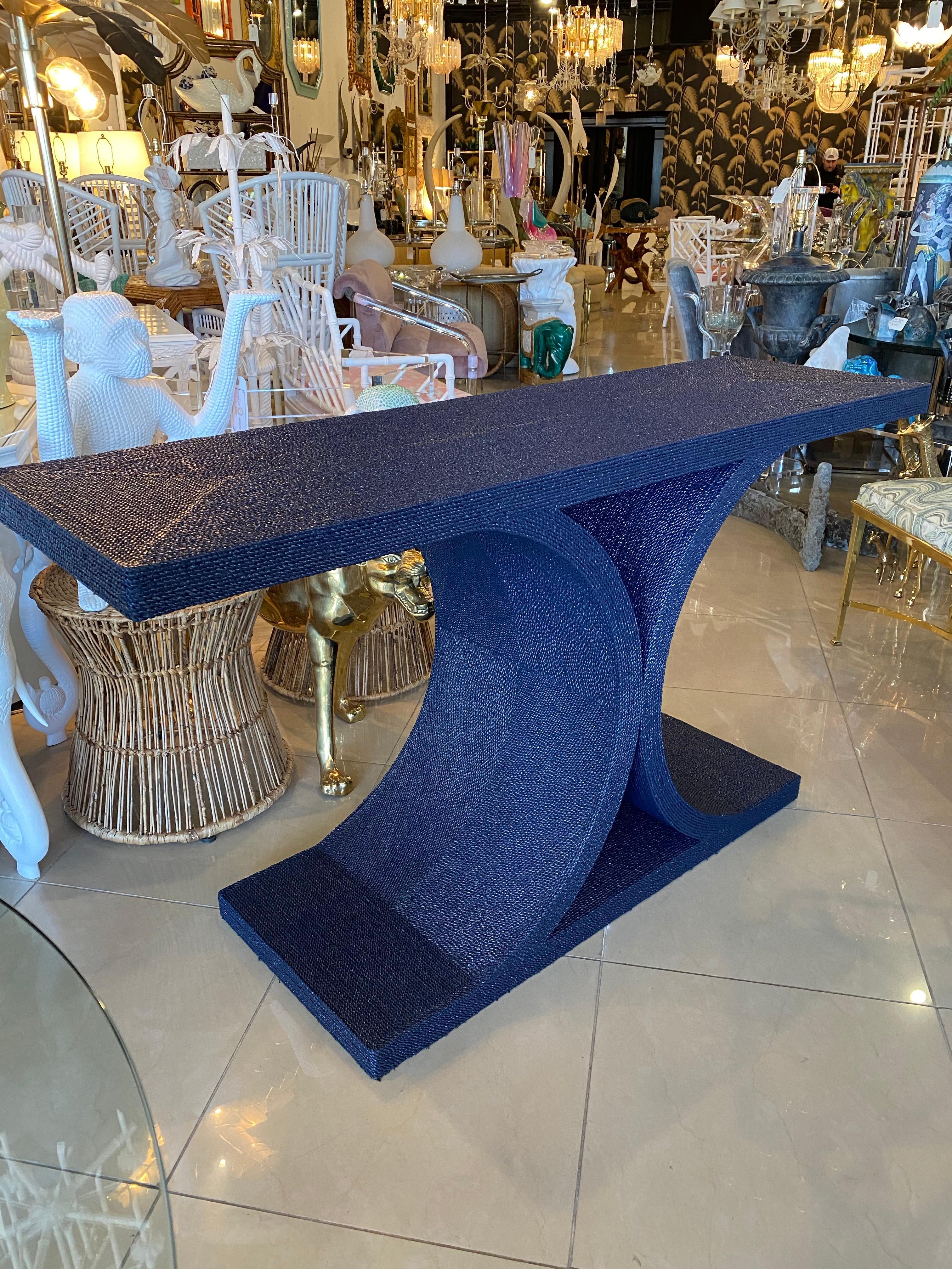 Vintage Navy Blue Lacquered Rope Console Table Karl Springer Style 3