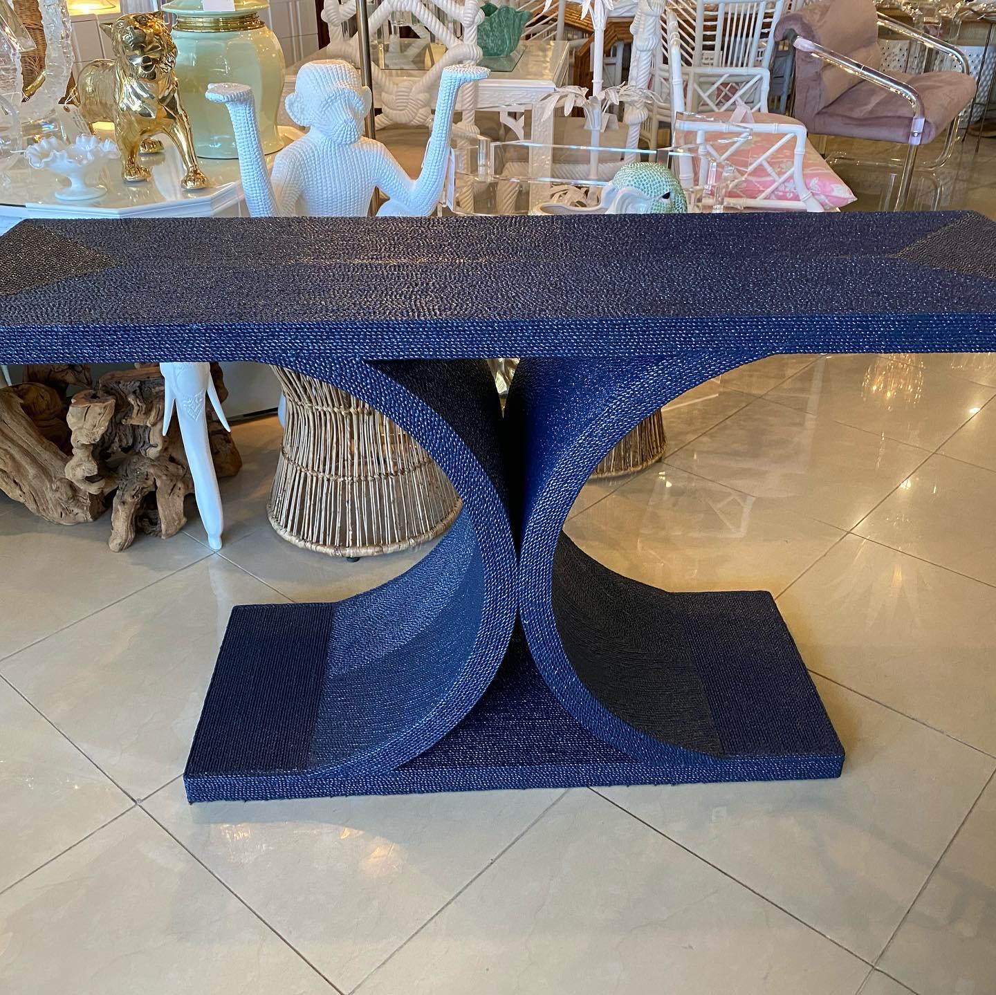 Vintage Navy Blue Lacquered Rope Console Table Karl Springer Style 5