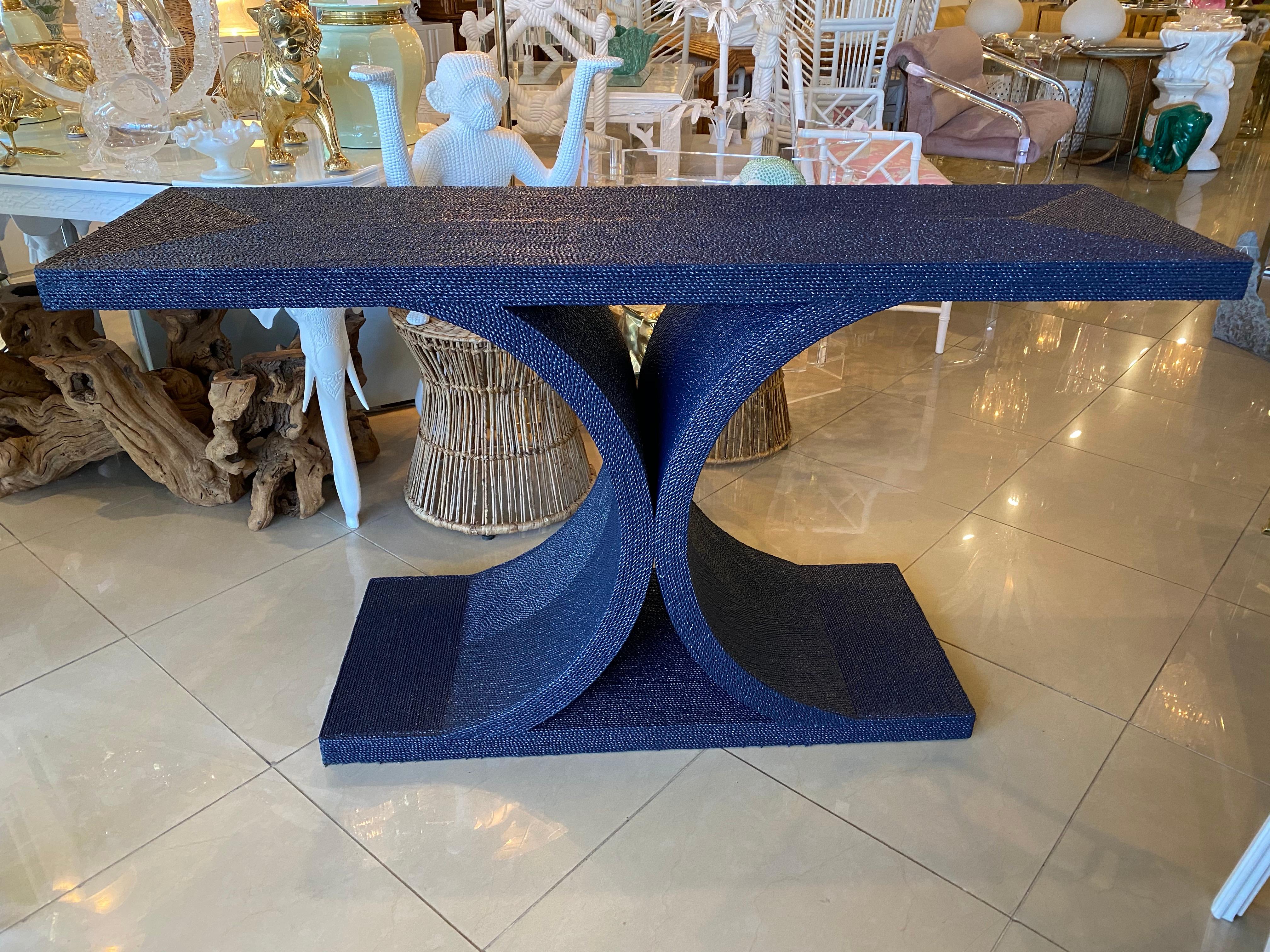 Amazing vintage navy blue newly lacquered rope console table. I just adore the fabulous shape on this table! In the manner of Karl Springer.