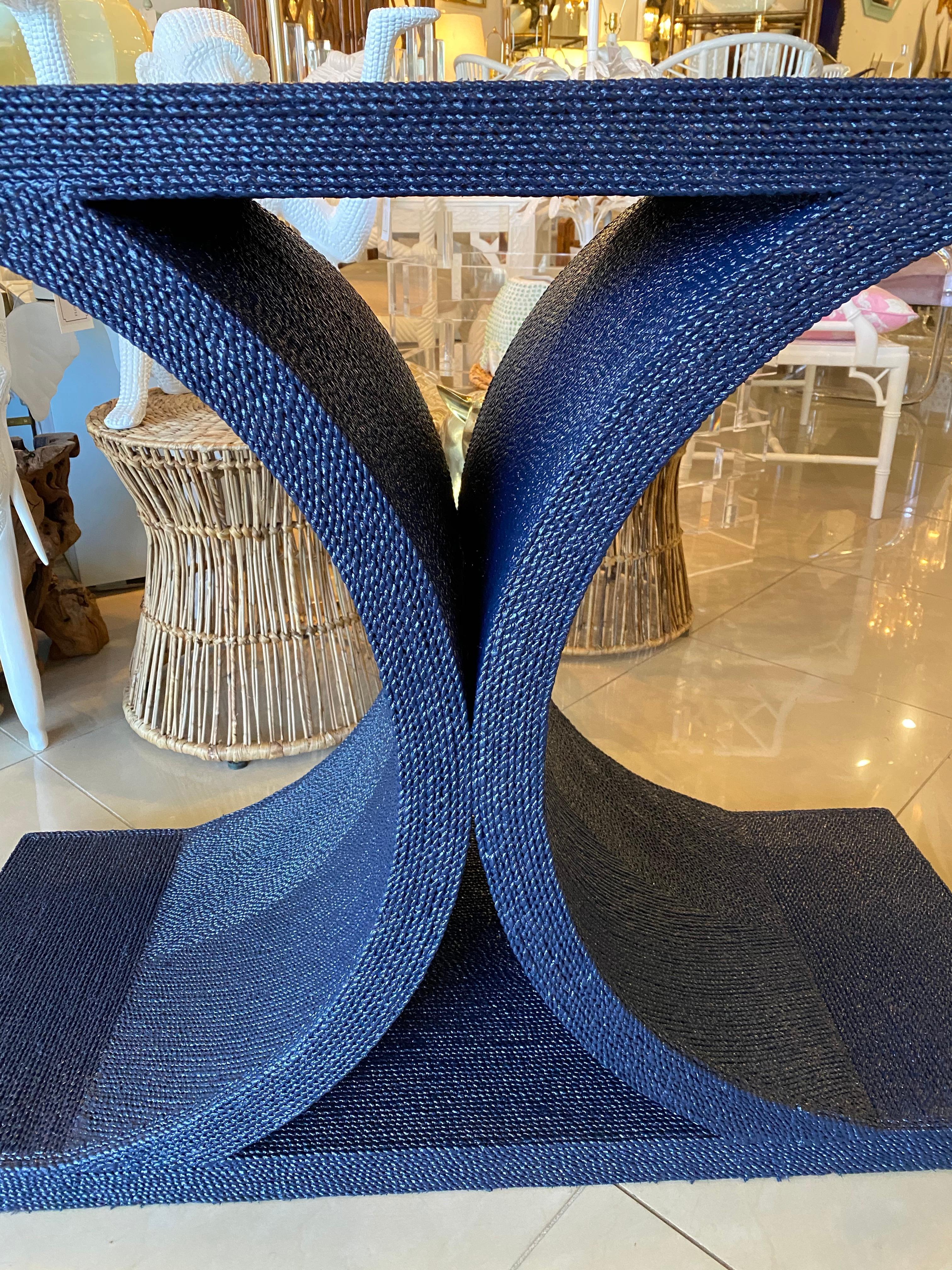 Vintage Navy Blue Lacquered Rope Console Table Karl Springer Style In Excellent Condition In West Palm Beach, FL