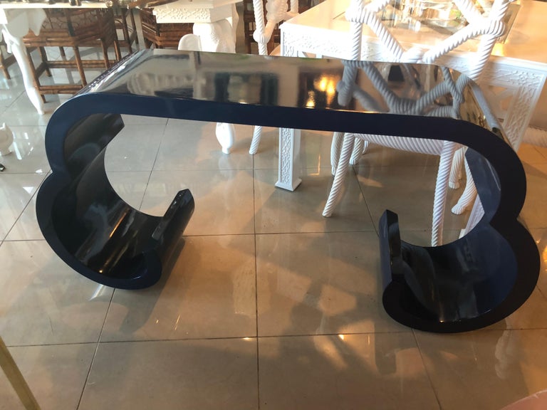 Vintage Navy Blue Lacquered Scroll Waterfall Console Table