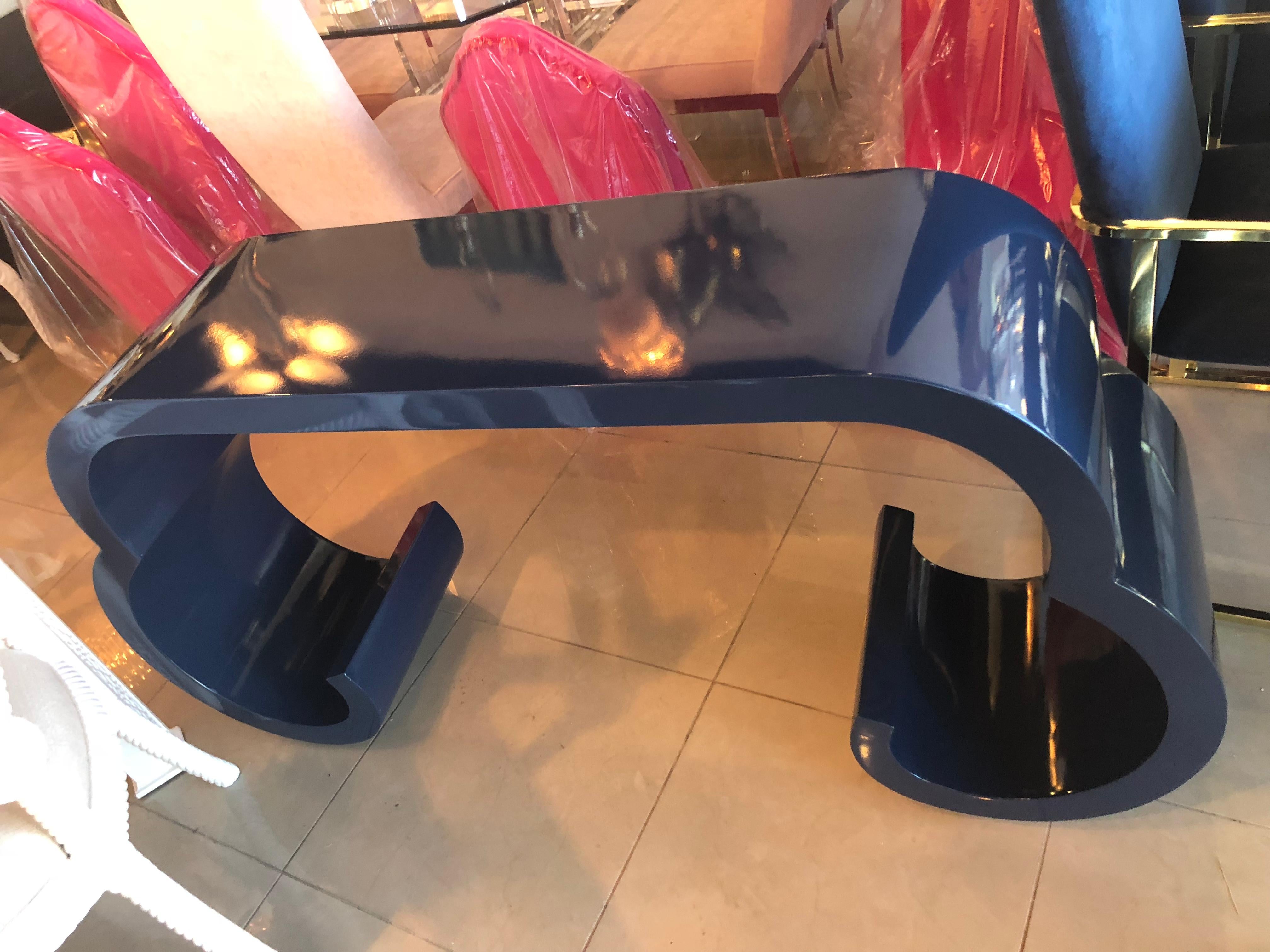 American Vintage Navy Blue Lacquered Scroll Waterfall Console Table