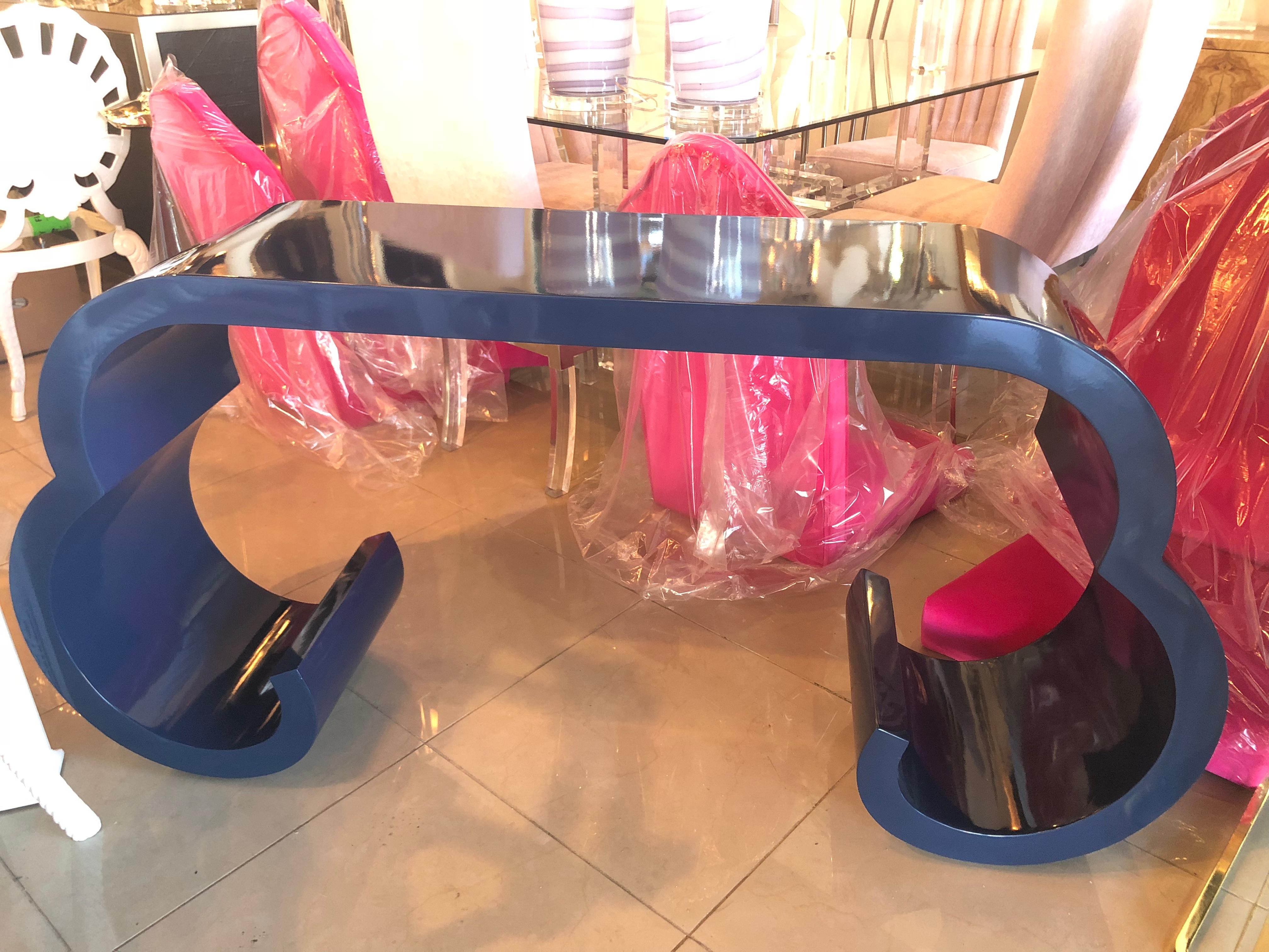 Vintage Navy Blue Lacquered Scroll Waterfall Console Table In Good Condition In West Palm Beach, FL