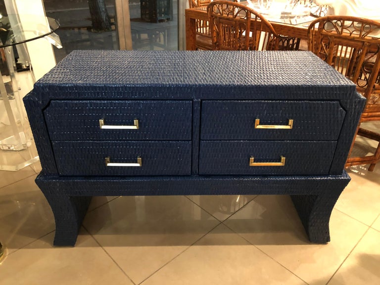 Vintage Navy Blue Lacquered Woven Wicker Chest Dresser Credenza Brass