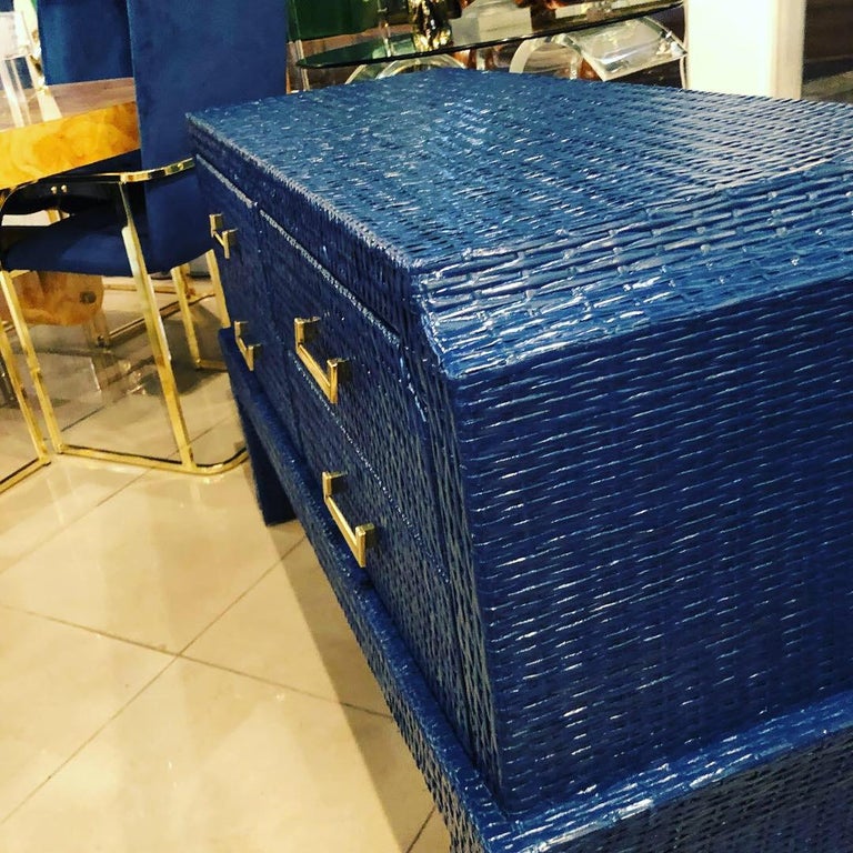 Vintage Navy Blue Lacquered Woven Wicker Chest Dresser Credenza Brass
