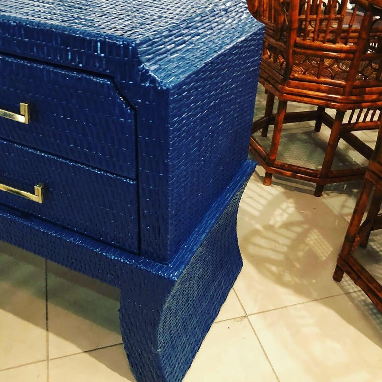 Vintage Navy Blue Lacquered Woven Wicker Chest Dresser Credenza Brass