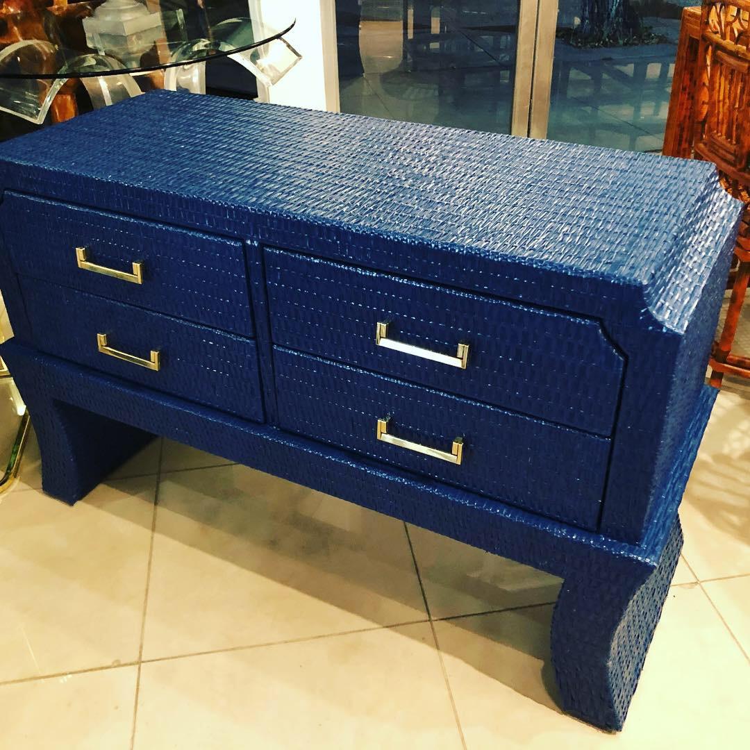 Vintage, newly lacquered navy blue, including inside drawers, polished brass pulls. This can be used as a dresser, chest, console table, credenza, etc.