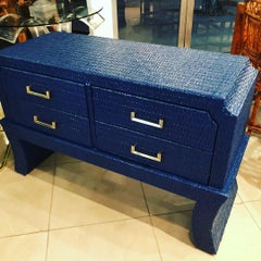 Vintage Navy Blue Lacquered Woven Wicker Chest Dresser Credenza Brass Pulls