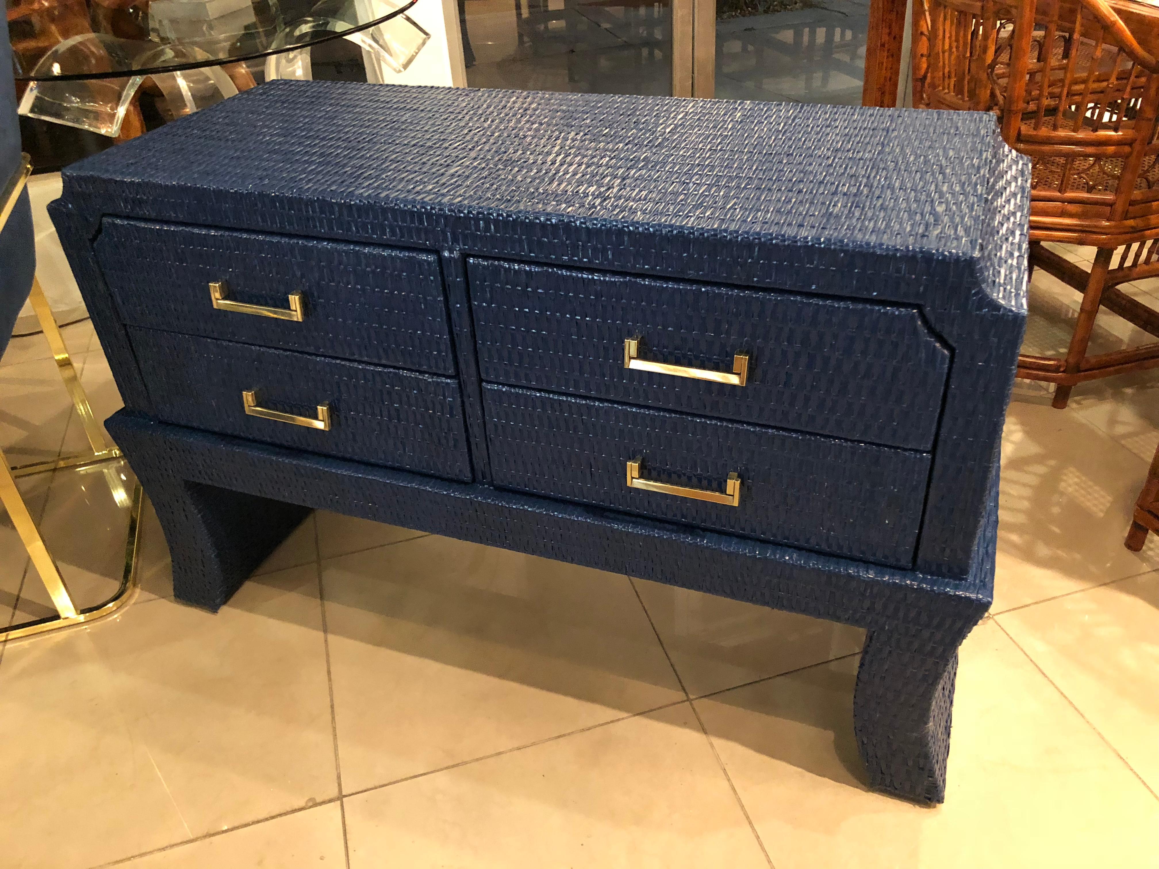 Hollywood Regency Vintage Navy Blue Lacquered Woven Wicker Chest Dresser Credenza Brass Pulls