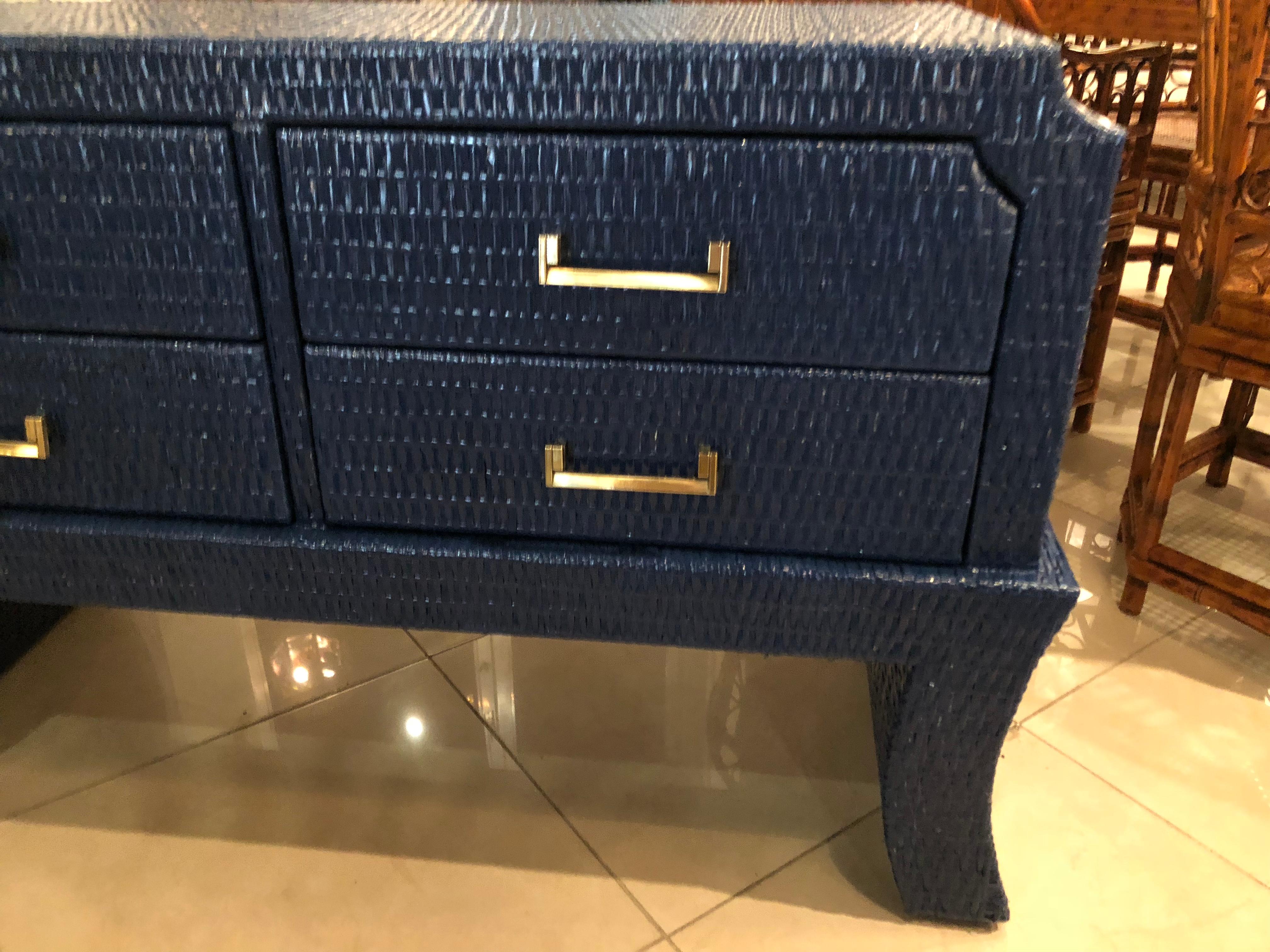 Vintage Navy Blue Lacquered Woven Wicker Chest Dresser Credenza Brass Pulls In Excellent Condition In West Palm Beach, FL