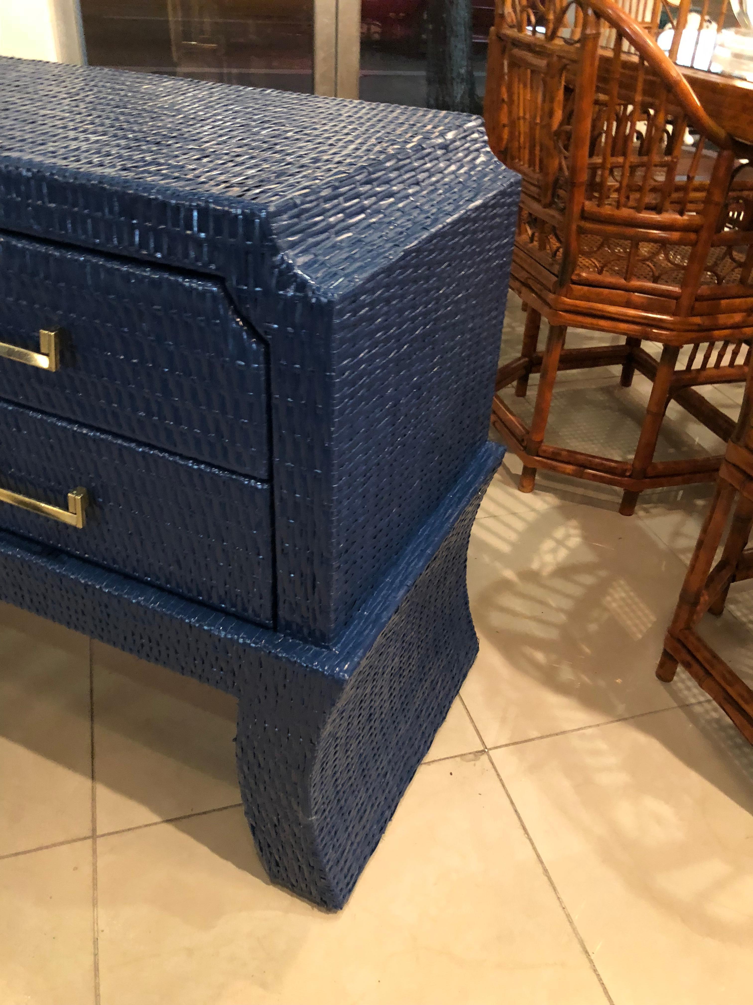 Late 20th Century Vintage Navy Blue Lacquered Woven Wicker Chest Dresser Credenza Brass Pulls