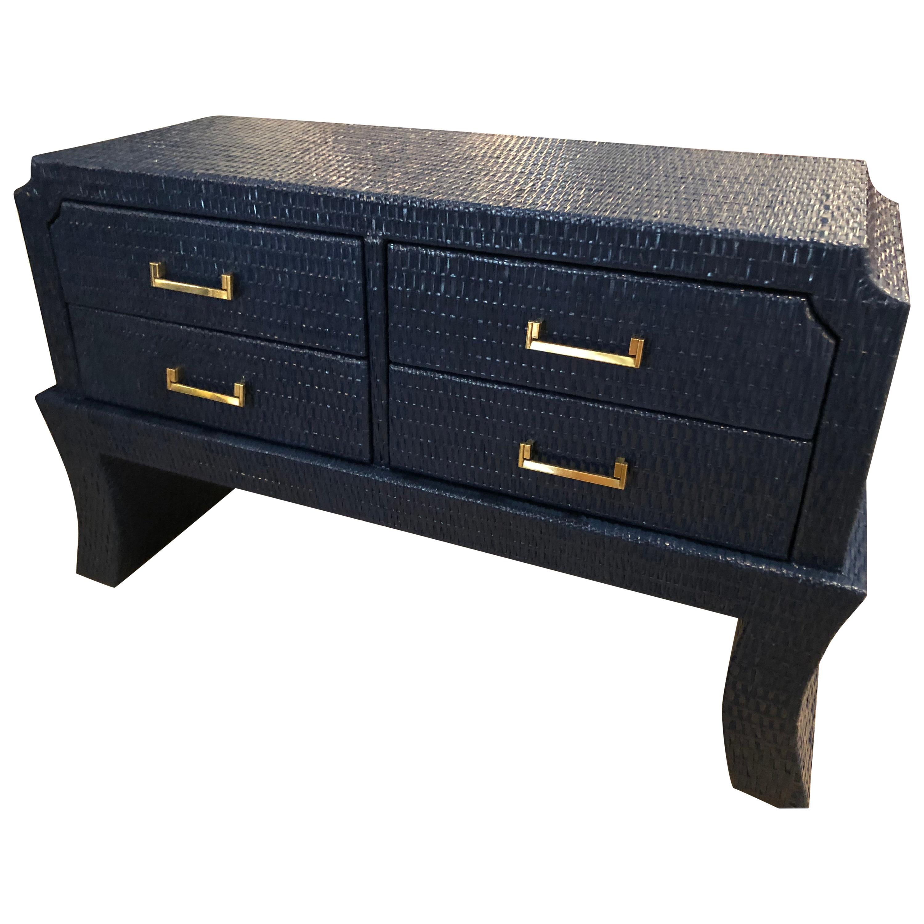 Vintage Navy Blue Lacquered Woven Wicker Chest Dresser Credenza Brass Pulls