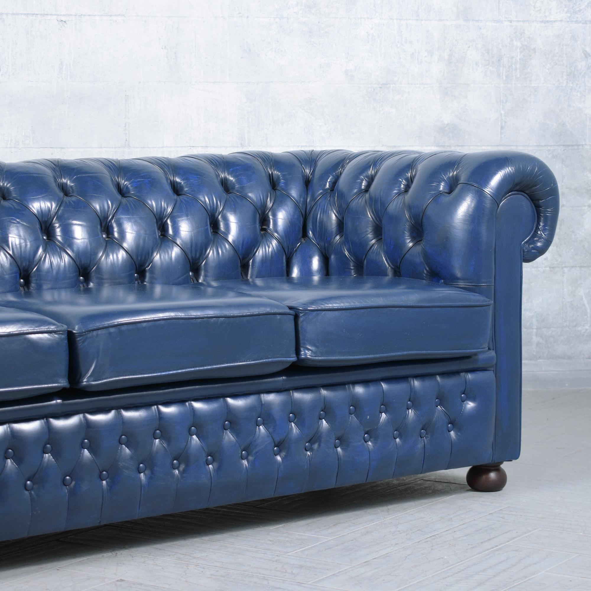 Metal Restored Vintage Chesterfield Sofa in Distressed Navy Leather