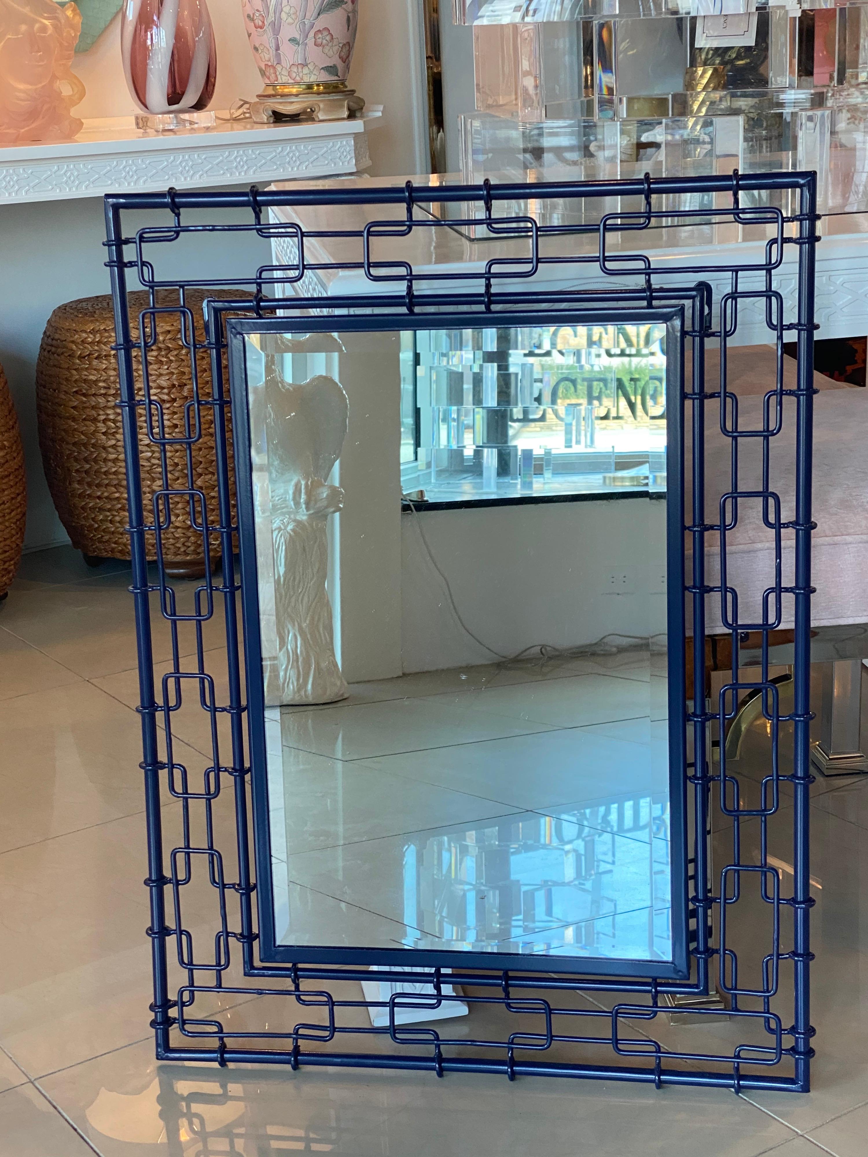 Lovely vintage navy blue metal faux bamboo geometric link wall mirror. This has been newly powder-coated in a navy blue gloss. Ready to hang on your wall.