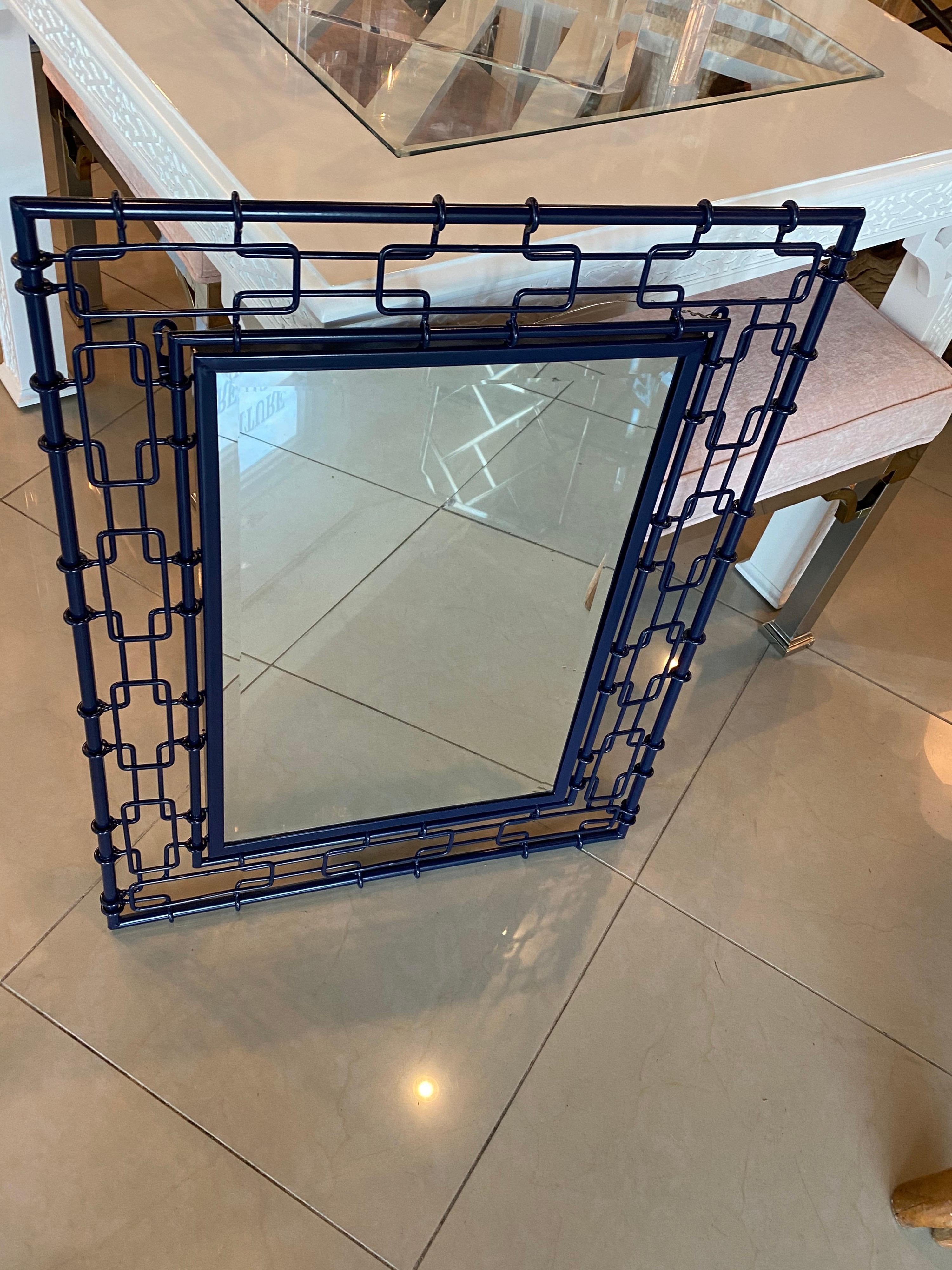 Vintage Navy Blue Metal Faux Bamboo Link Newly Powdercoated Wall Mirror In Good Condition In West Palm Beach, FL