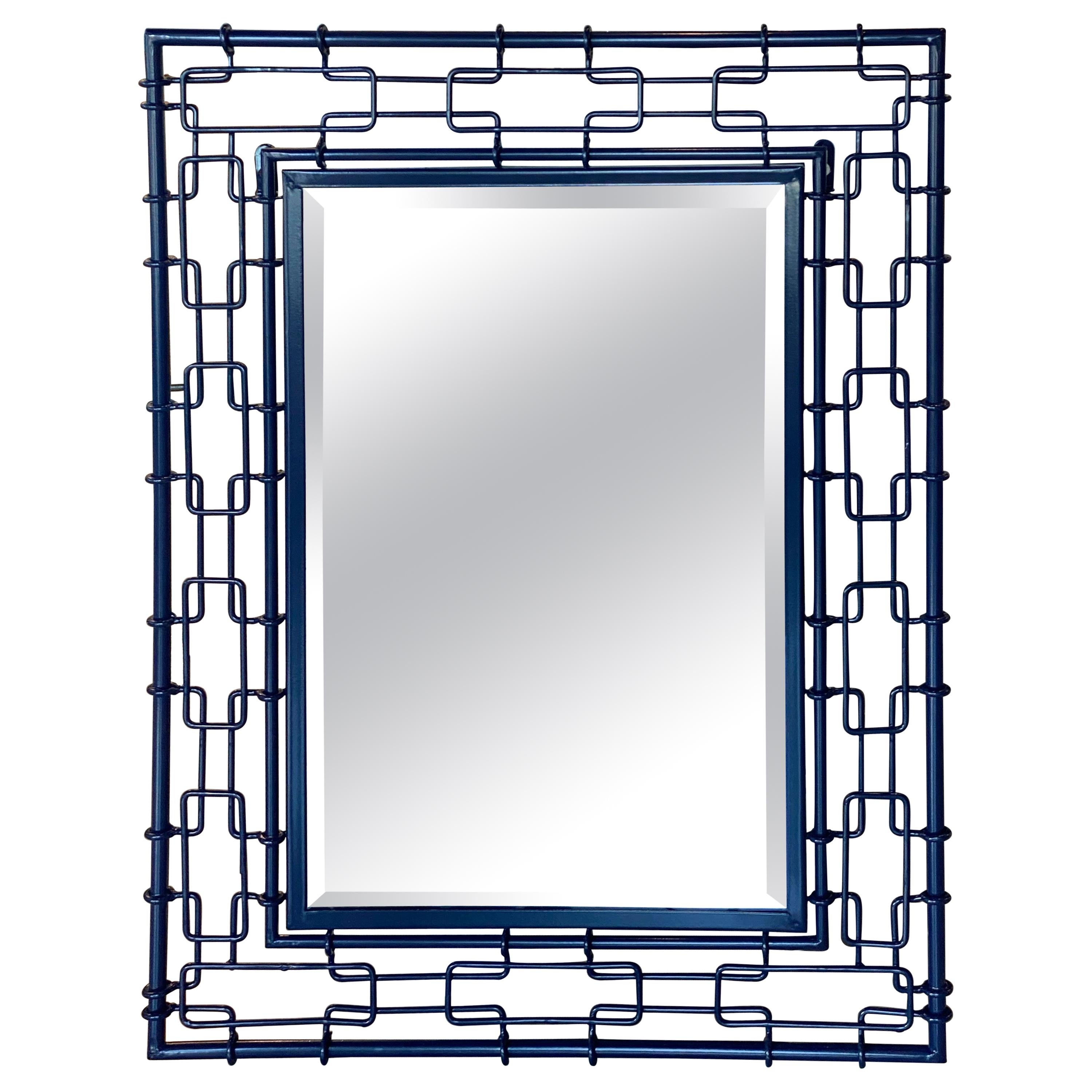 Vintage Navy Blue Metal Faux Bamboo Link Newly Powdercoated Wall Mirror