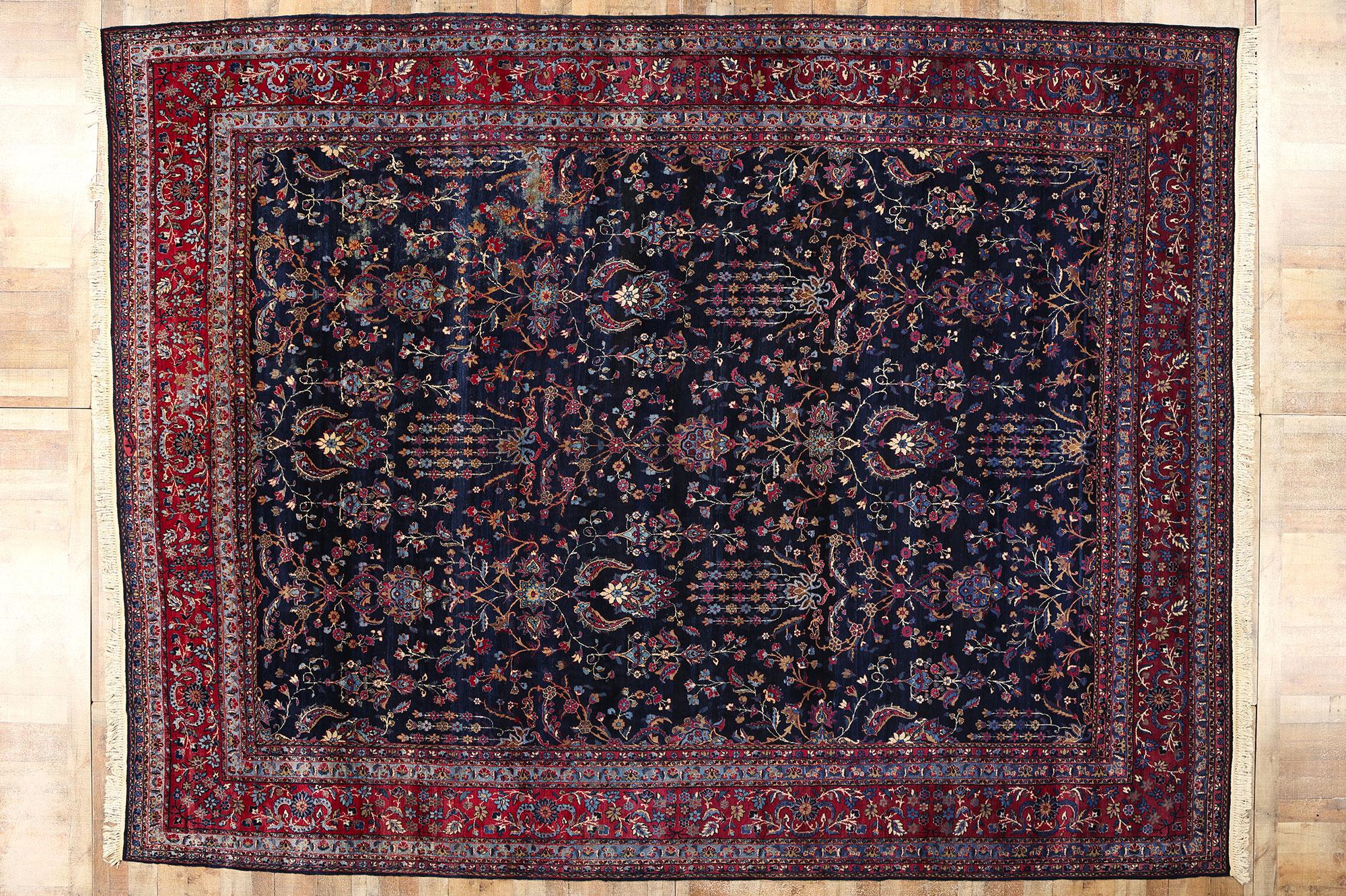 Vintage Navy Blue Persian Kerman Carpet, 11'09 x 15'05 For Sale 2