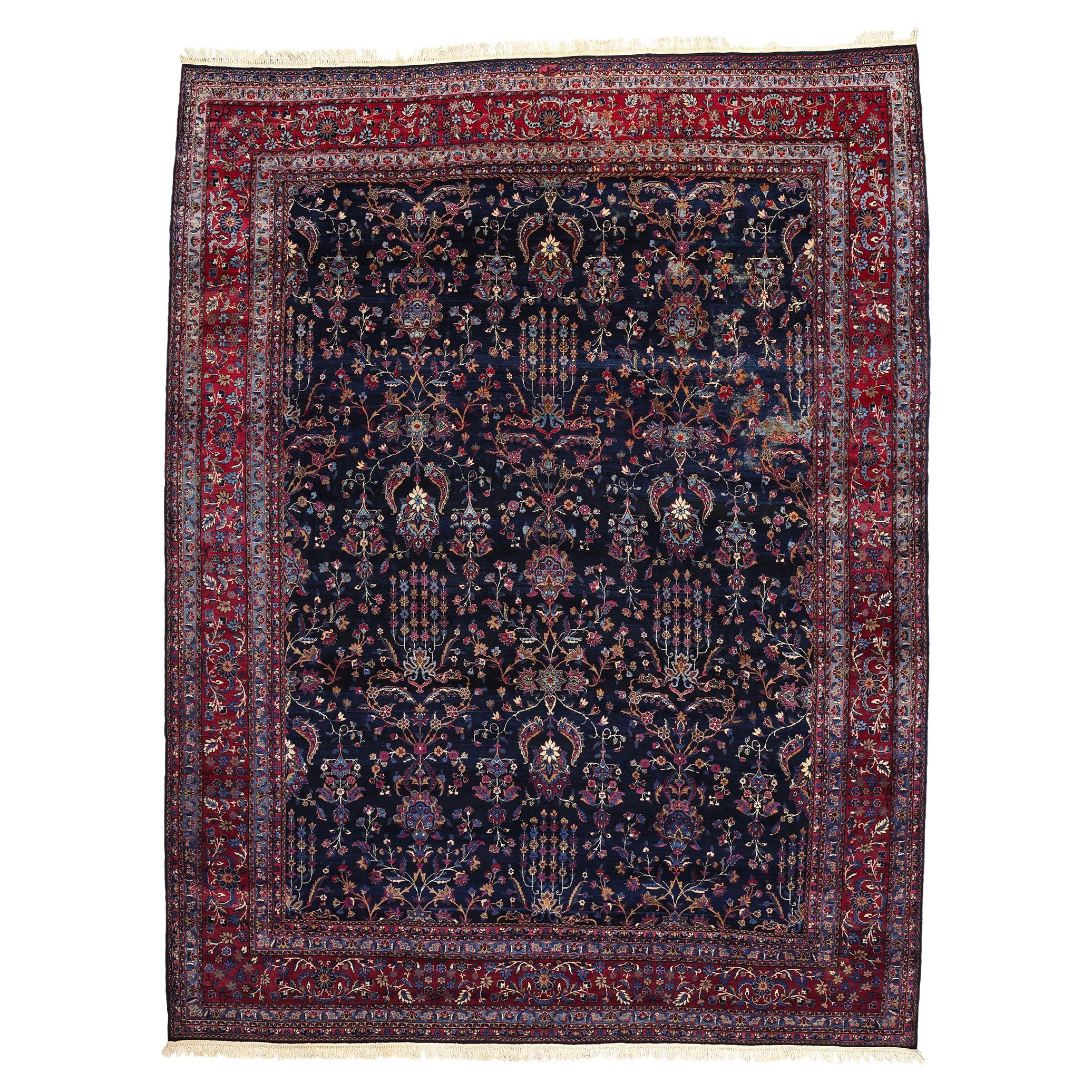 Vintage Navy Blue Persian Kerman Carpet, 11'09 x 15'05 For Sale