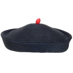 Vintage Navy Blue Straw Fascinator Style Hat With Red Finial