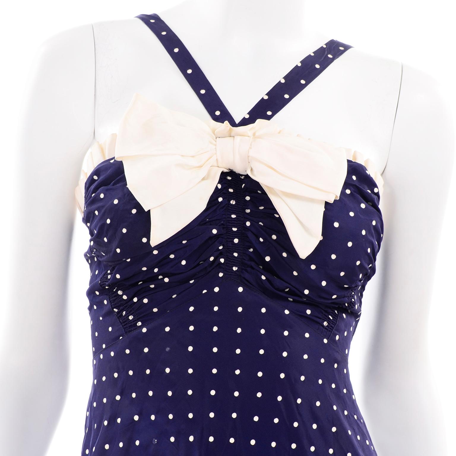  Vintage Navy Blue & White Polka Dot Halter Dress W Bow & Bolero Jacket 2