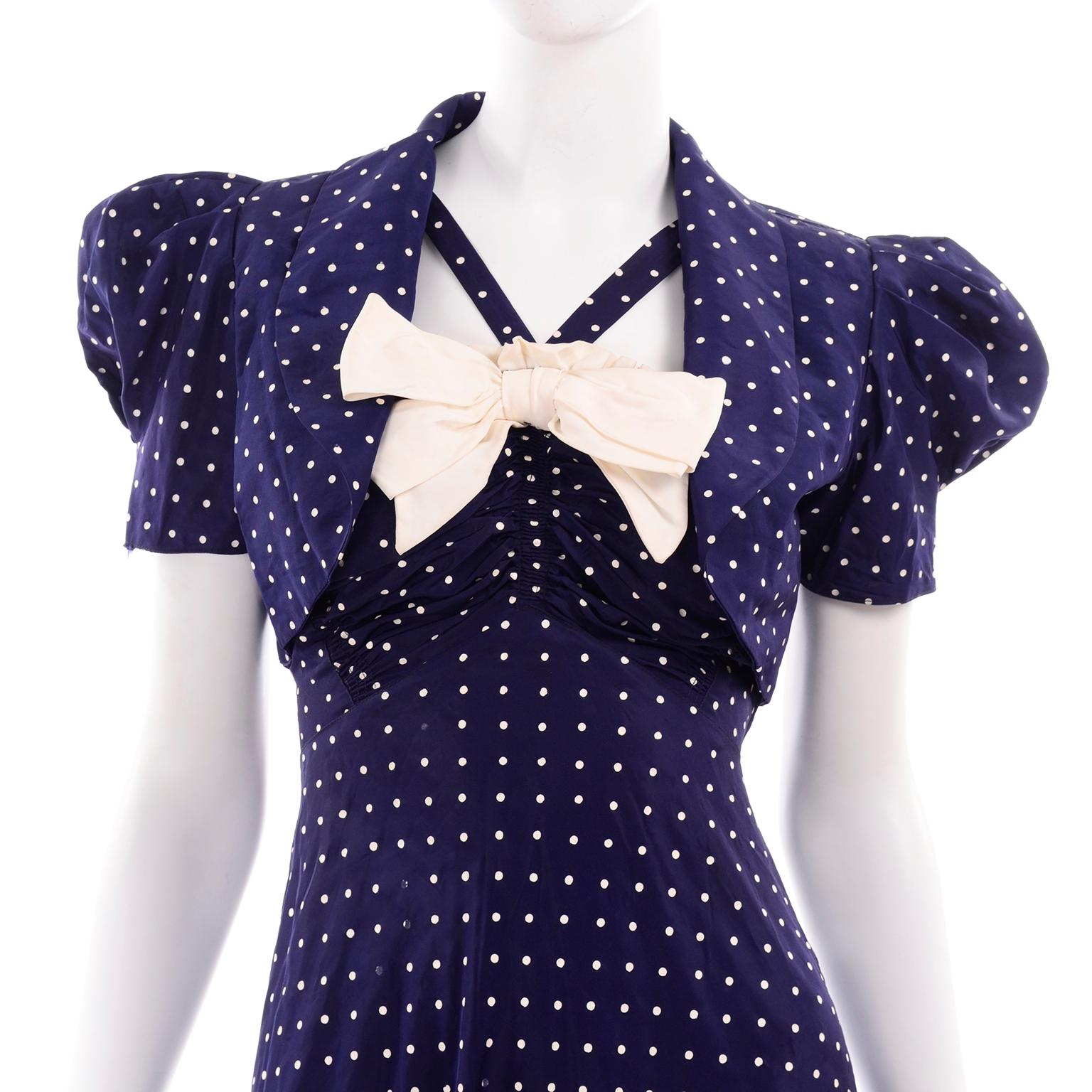  Vintage Navy Blue & White Polka Dot Halter Dress W Bow & Bolero Jacket 3